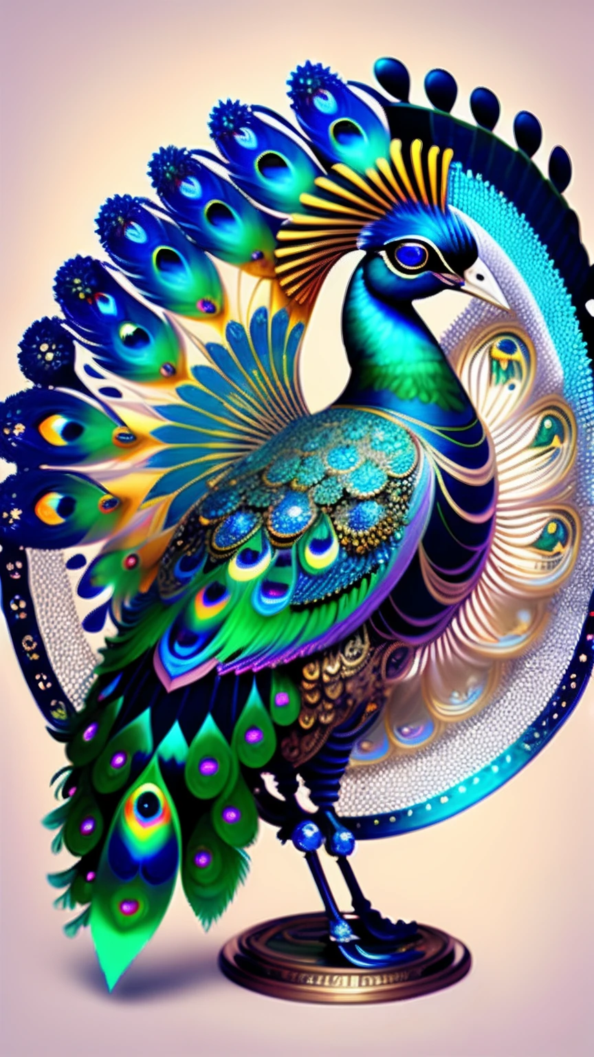Imagine an extraordinary artwork depicting a magnificent peacock composed entirely of intricately woven strands of platinum, showcasing its extravagant plumage adorned with emerald and sapphire feathers.