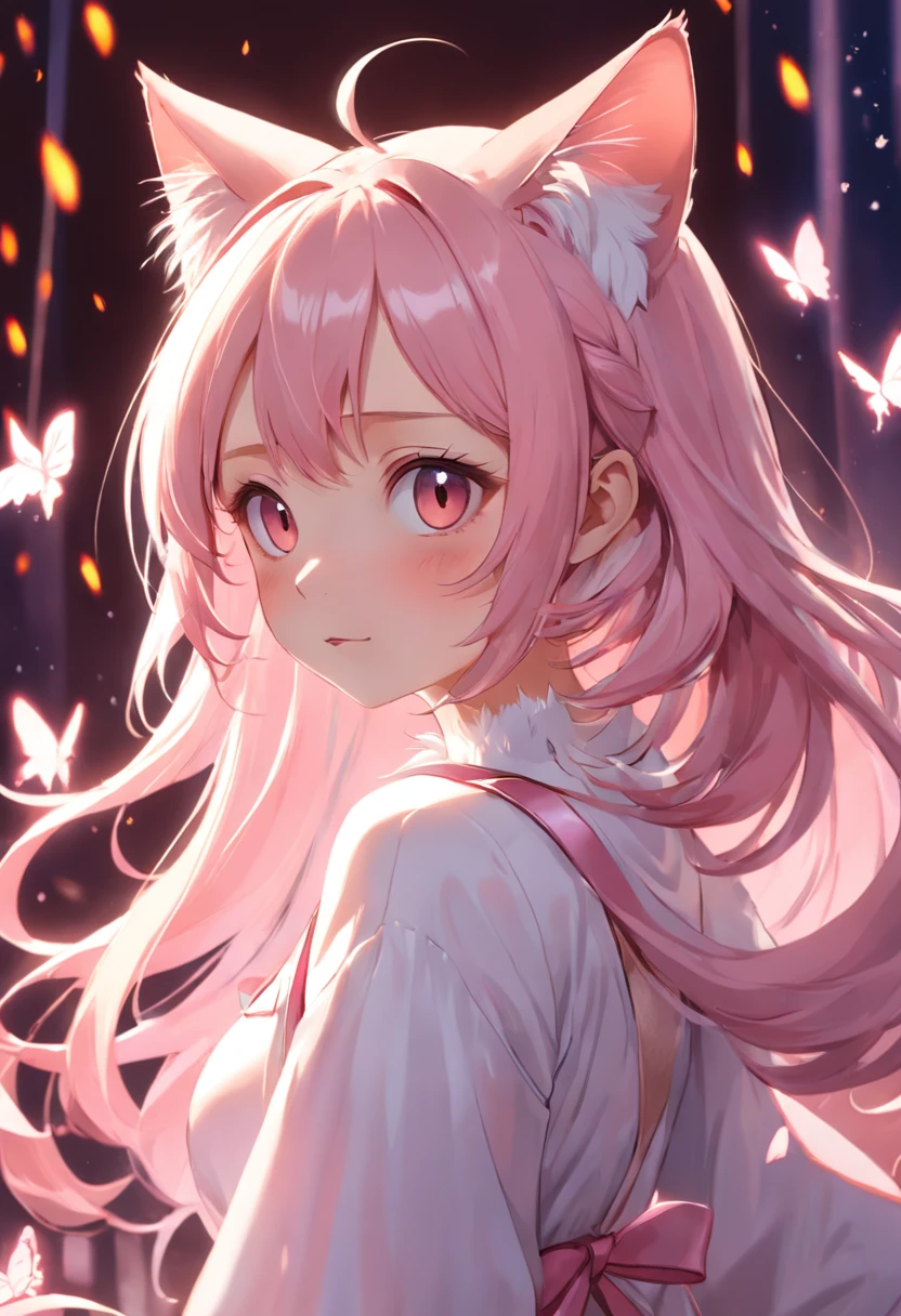 Cat-eared lady,Lovely gesture,An innocent expression,the soft light,Pink and tender tones,Fresh background,Depiction of delicate details。