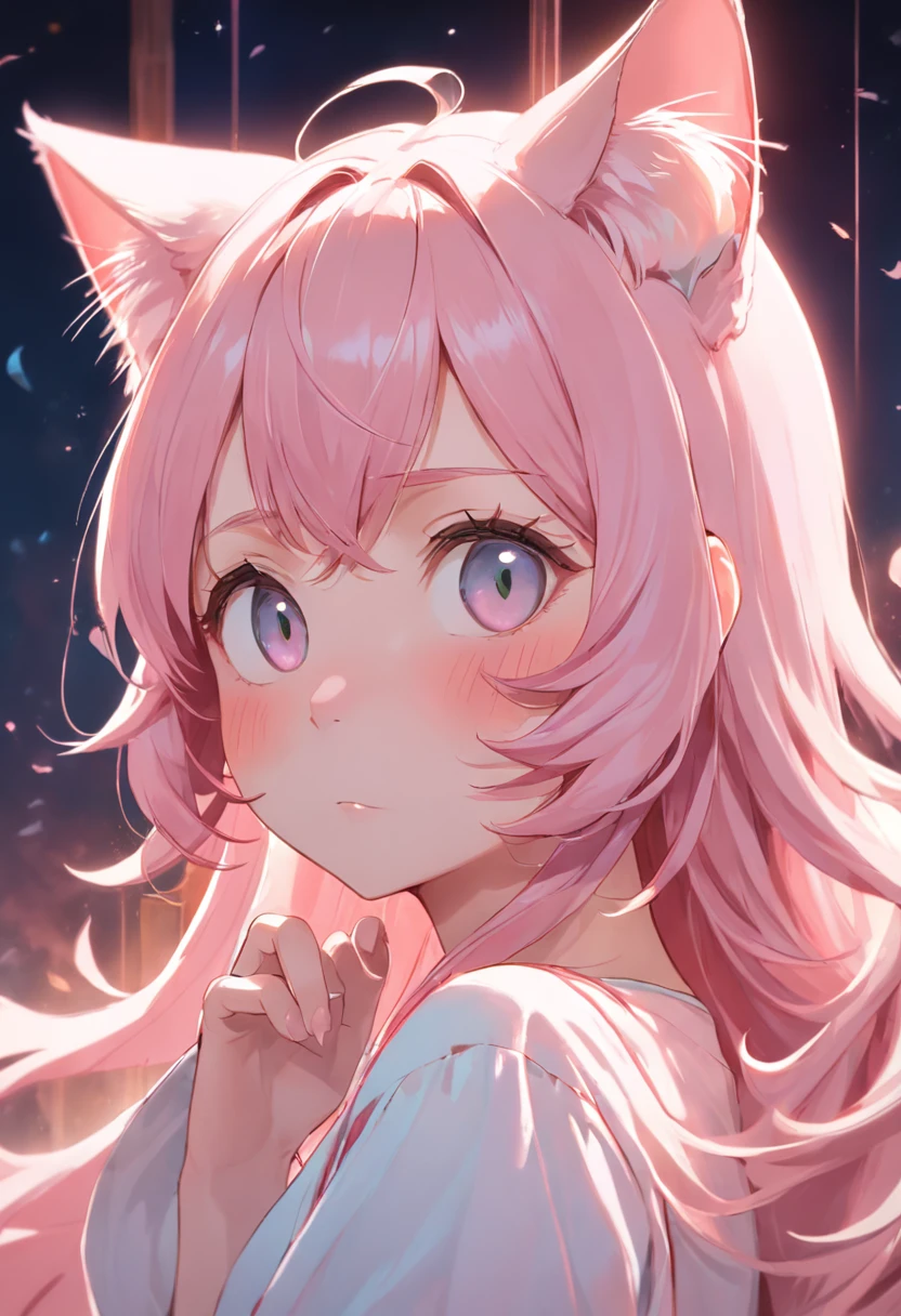 Cat-eared lady，Lovely gesture，An innocent expression，the soft light，Pink and tender tones，Fresh background，Depiction of delicate details。