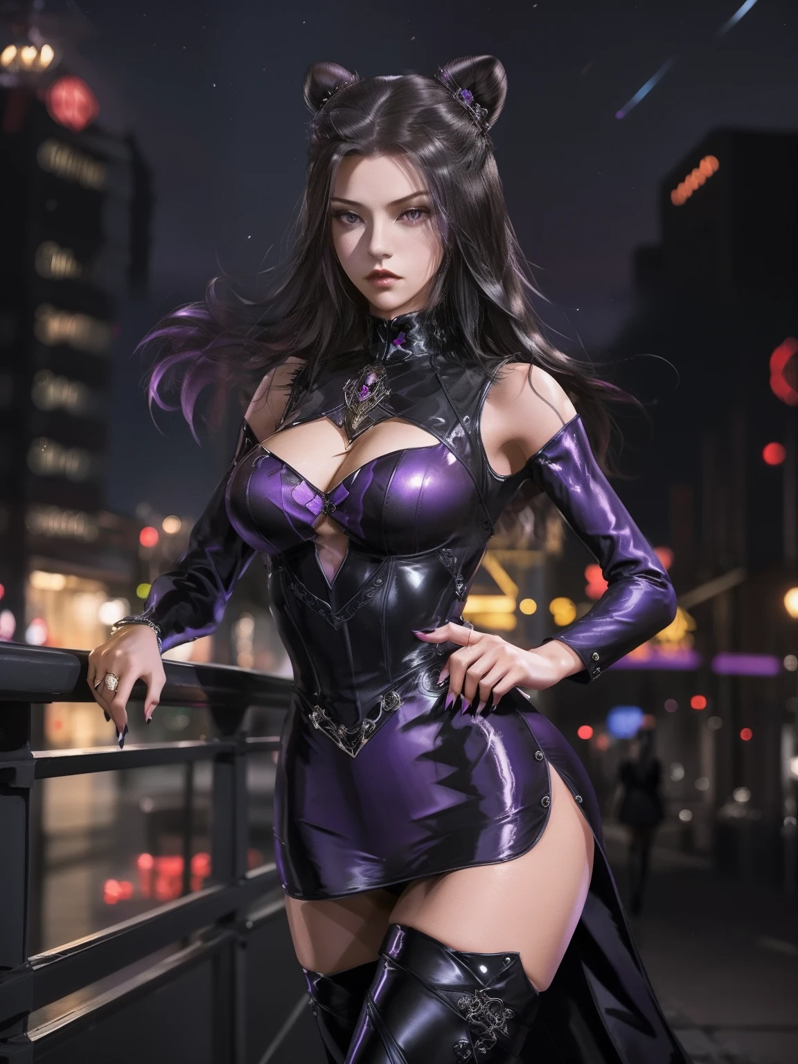 double bun,mature female,cityscape,night,looking at viewer,long hair,detached sleeves,black long sleeves,purple eyes,cowboy shot,thigh boots,latex,cutout,hair bun,cone hair bun, black dress,hair ornament, jewelry, gem,