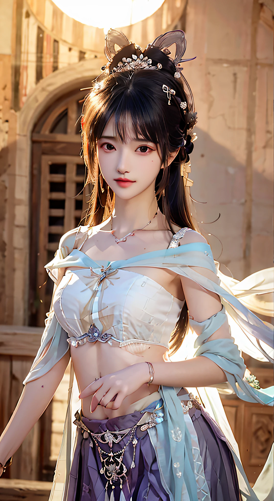 Bust photo, a beautiful woman, messy hair, girly, symmetrical bun, hair accessories, jewelry, delicate face, eye shadow, purple top, purple, purple, crop navel, purple long skirt, Dunhuang style, delicate embroidery, silver decoration, silver streamer, white streamer, light blue streamer, delicate skin, soft light effect, delicate and smooth hair, delicate details, eye highlights, fair skin, fine portrayal, extreme details, cinematic quality, thin, slender, broken, hair details, thin bangs, shawl hair, right body, shadow, air bangs, 8K, super fine, fine fabric texture, soft, supple, smooth texture, Dunhuang style, delicate pattern, correct hand painting, anatomical correct, accurate, night, dark night, lighting, Tyndall effect, ray tracing, HUD, outdoor, outdoor, desert