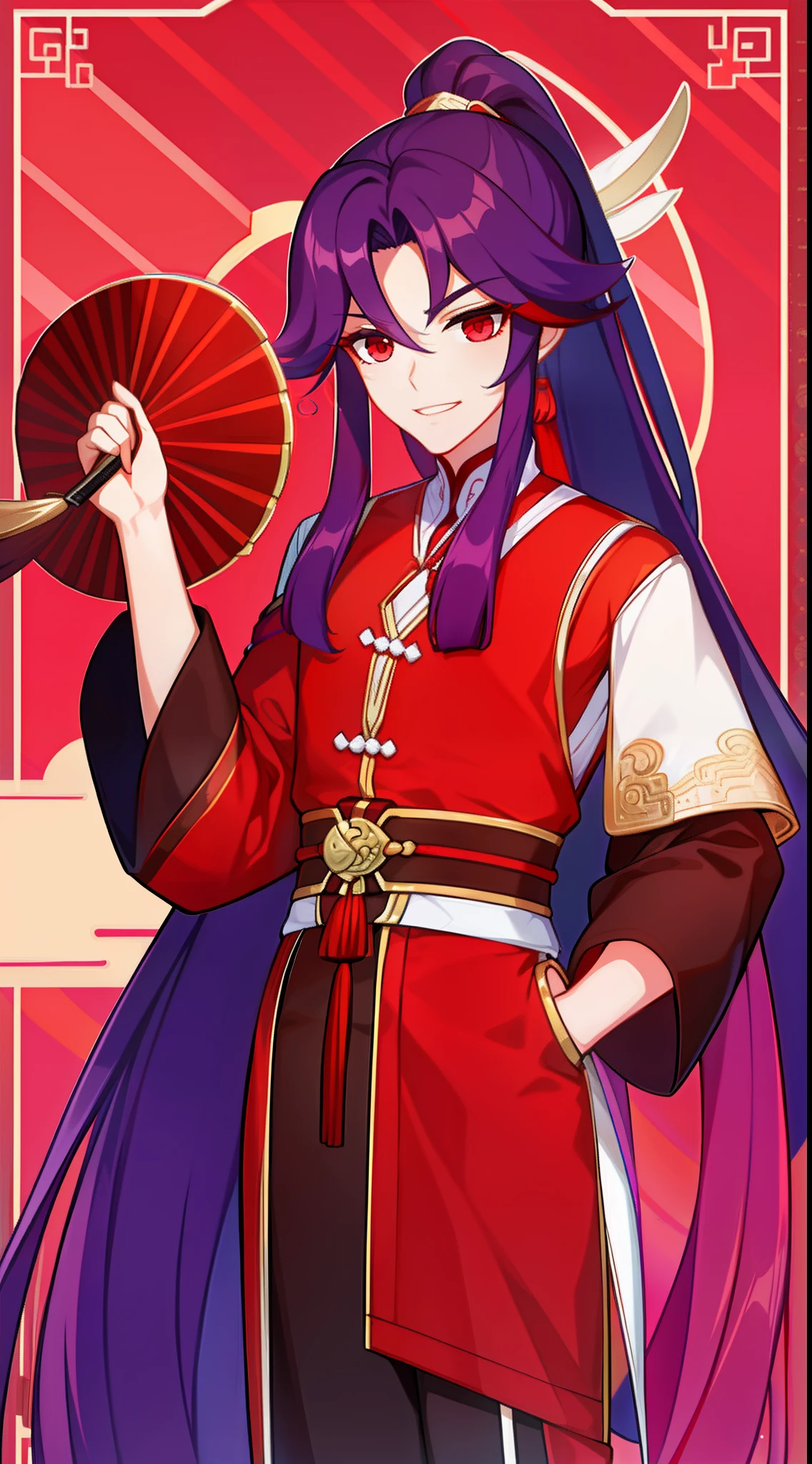young boy, long purple hair, high ponytail, red-eyes, Chinese purple short-sleeved shirt, Via Hanifa, smirk, Feather Fan, Masterpiece, hiquality