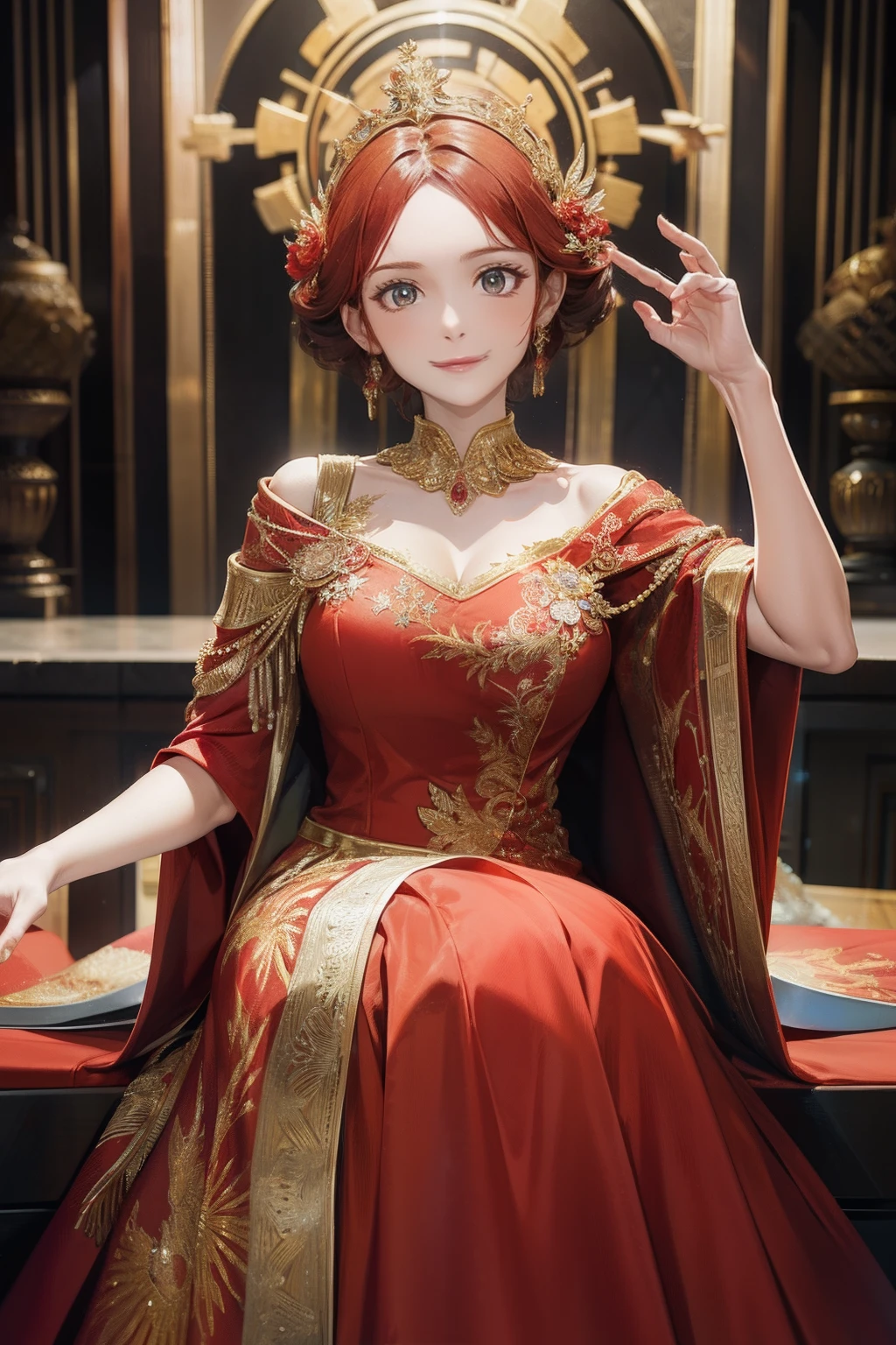 A woman in a red and gold dress,Phoenix crown