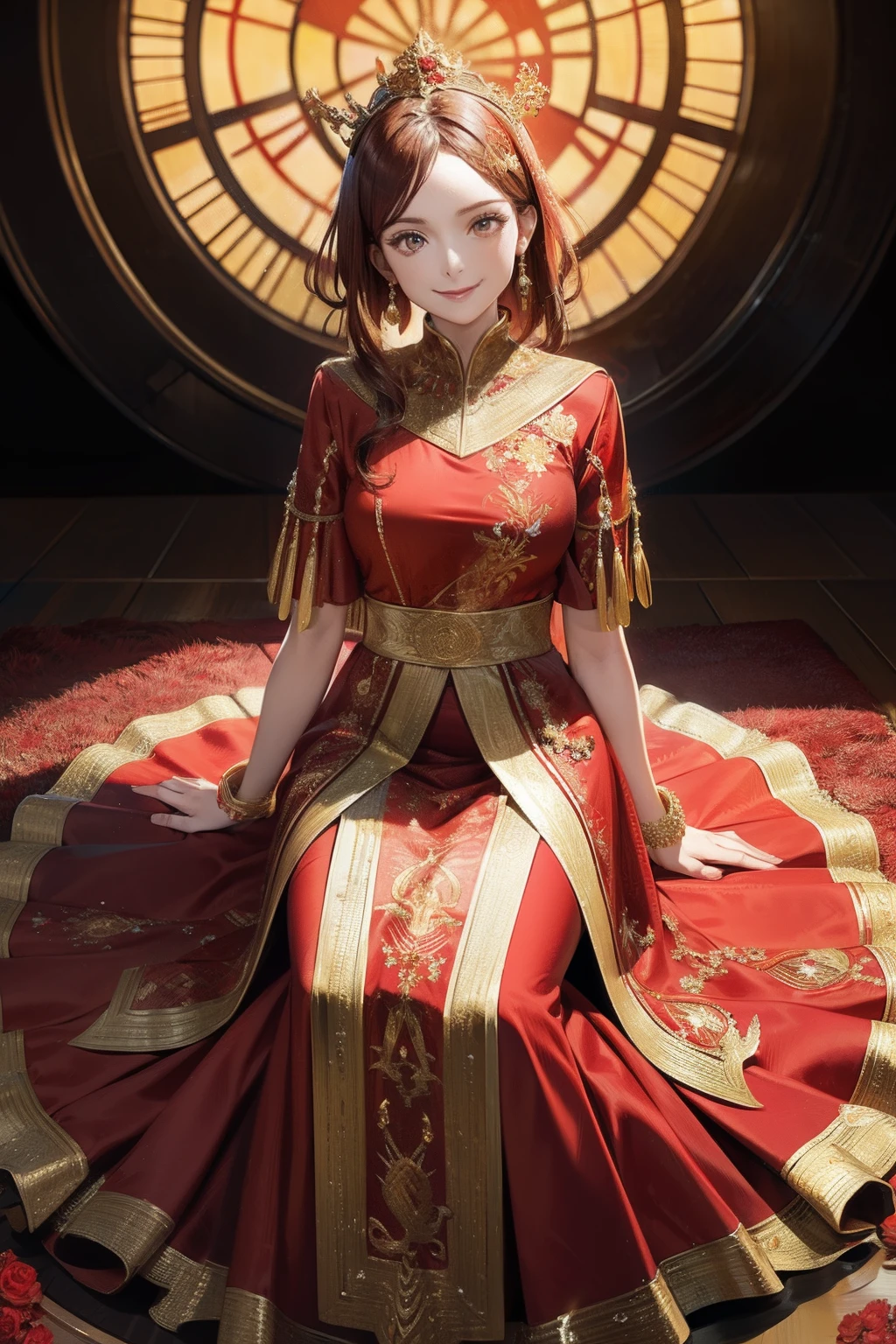 A woman in a red and gold dress,Phoenix crown