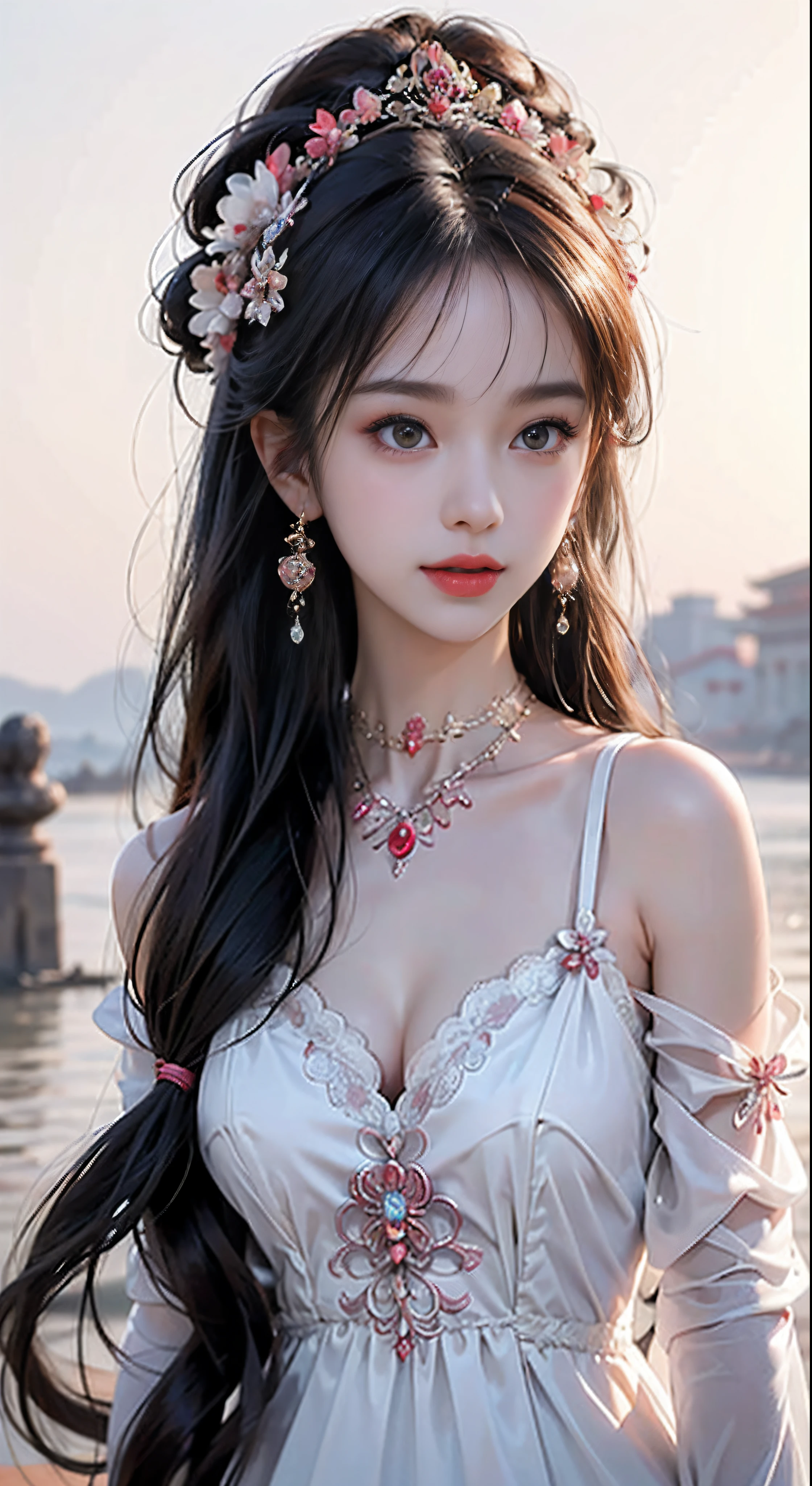 1 adult empress wearing red lace top, deep-breasted nightgown, Chinese-style clothes, ancient costumes with many phoenix patterns, flawless pink and white face, crowned head, hip-length black hair , very beautiful and sharp brown eyes, small red lips, painted lips, charming smile, jewelry worn around the neck, earrings, white and even teeth, high nose, big round breasts, the girl's body is covered with water on chest, slim legs, thin mesh black socks, portrait, most realistic, highest quality, best pixels, 8k ultra ,