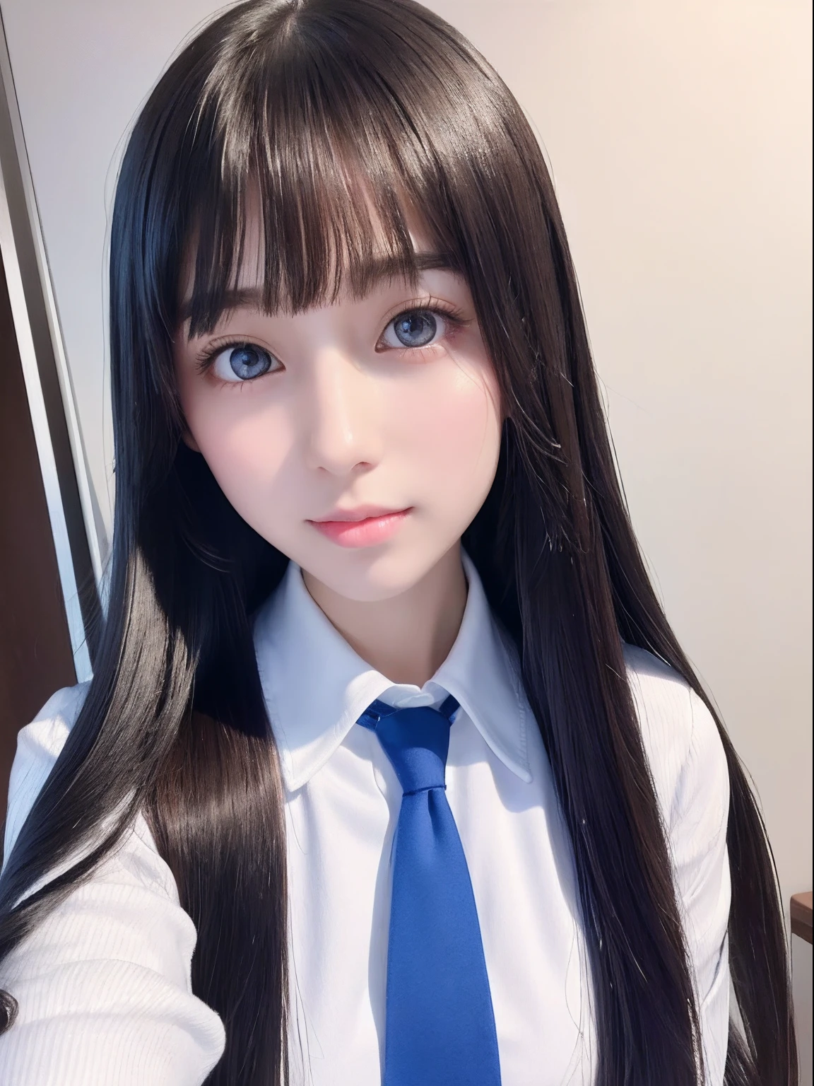 bright expression、fotorealsim、best quality、超High resolution、pictures、Very beautiful Nordic girl photo、Cute and beautiful face details、Beautiful bangs、Alice in the Wonderland、20 years old、Shining white shining skin、Bangs that stick out to the face、bangs 、Hair between the eyes、Super long hair、Attractive bright natural silver super long straight fine hair、Smoother hair、Bright light blue big eyes bright and beautiful radiant attractive、School uniform、student clothes、eye liner、Double eyelids、breast big
