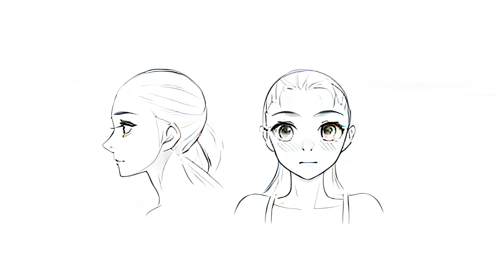 Drawing of a girl's face from two angles, Left view and front view, detailized face, beatiful face, a sketch, Reference