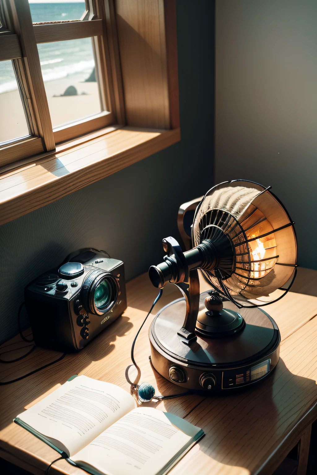 On the table in the foreground sits an old-fashioned fan and some small things。,The items on the table are the center of gravity, Indoors,The background outside the window is the seaside,and the sun was shining brightly,Unreal 5,3Drenderingof,Foxconn cameras,2.0 aperture,135 focal length,Clear foreground and blurred background