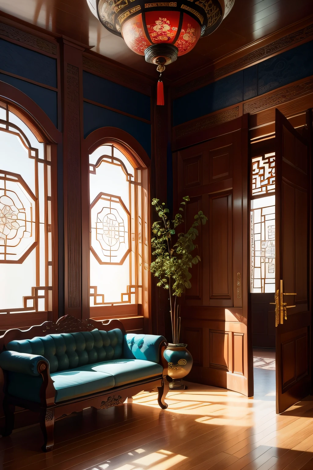There are multiple carved sofas and a bright hall，Sunlight shines into the room from the roof， Open roof，The round room is decorated in blue，Open double doors，Surrounded by openwork carved windows，Pleasant view from the window，The scenery has ancient Chinese aesthetics, Chinese style, asian interior decoration, chinoiserie wallpaper, beautiful aesthetic design, exquisitely ornate, chinoiserie pattern, elegant and ornate, oriental art nouveau, neo - classical style, elegant and extremely ornamental, ornate and elegant, ornate and flowing, wonderful masterpiece