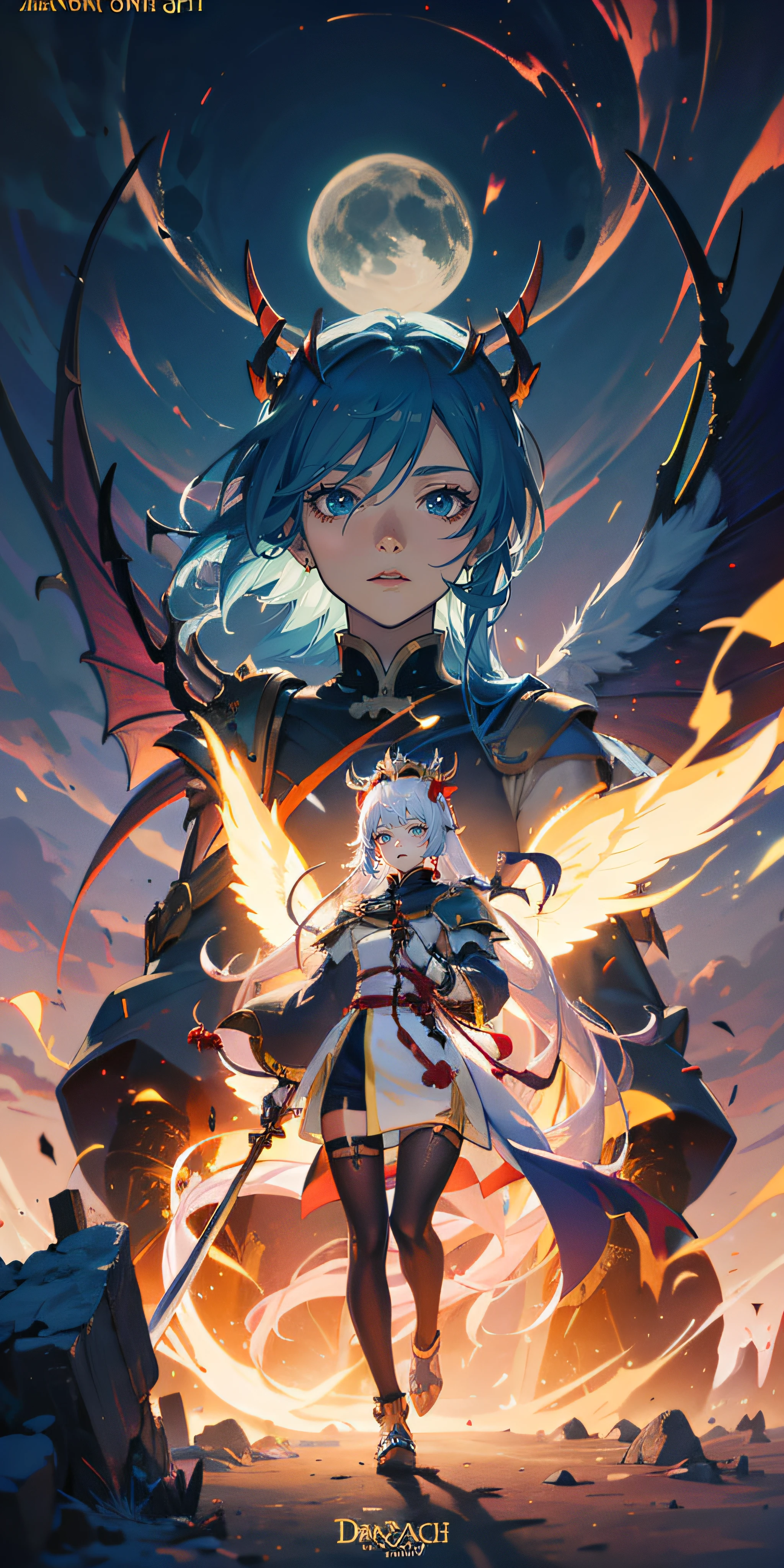 Anime figure,Dark villain,Beauty side face,Long hair flying,(gold
Colorful headdress),Two teenage girls back to back,(Simple head
helmet)Spark ashes burn,The samurai held a sword,Wear contrasting armor,The whole picture of the witch and the witch skeleton,(standing full-body),((Faraway view)),(HD8K),ultra-wide-angle,The background is gorgeous,the original god,demon anime girl,Angel anime girl,fantasy paladin man,Dragon Knight,Spread your black feathered wings,Mobile Genshin Impact,Anime 8K,Anime fantasy insertion,Genshin Impact,Tough and cold character,Detailed key anime art,Ayaka Genshin impact,onmyoji portrait,Close-up of shooting random weapons,Comic book epic artwork,Epic fantasy digital art style,Epic fantasy art style,8K high quality detailed art,Epic fantasy art style HD,Faraway view,Behind him,This is a golden glowing magic array。,Purify the flame,HD anime visuals,full portrait of magical knight