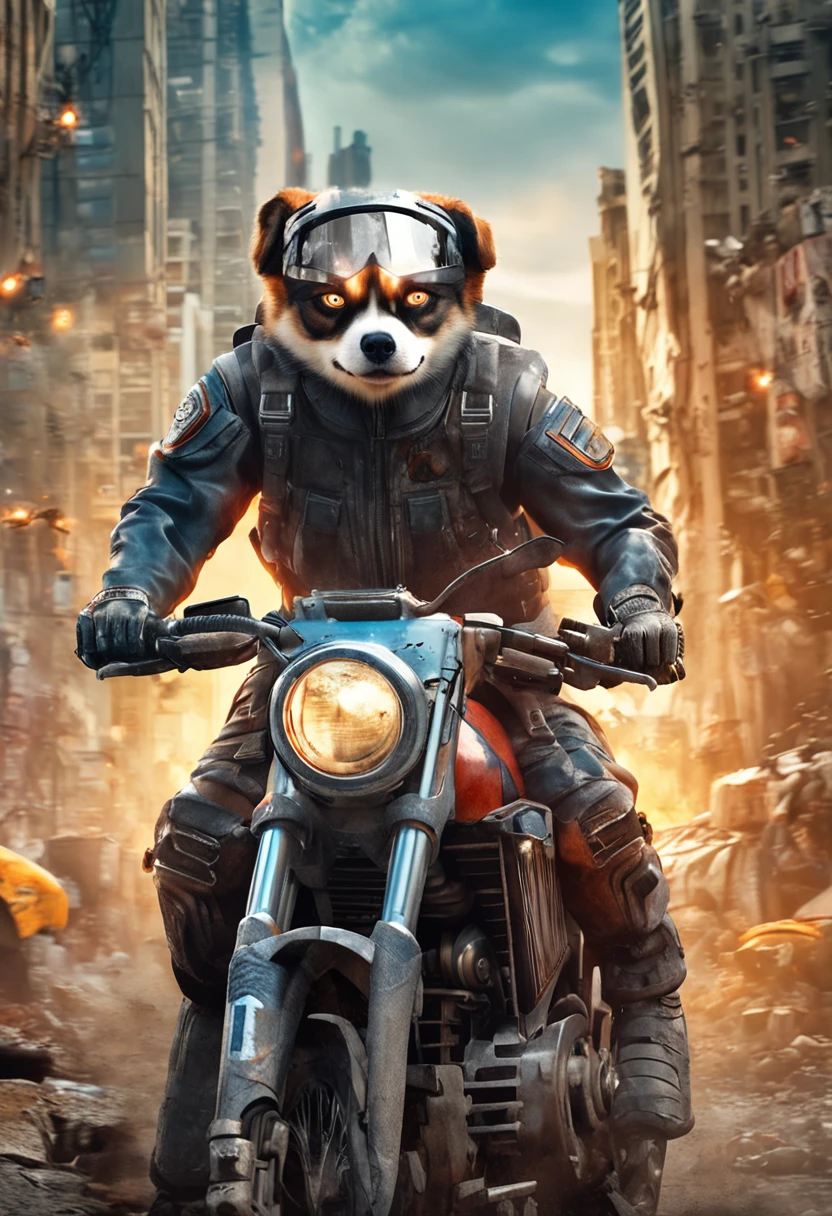 (Anthropomorphic oil chainsaw:1.5),A husky dog rides a mecha motorcycle,Lovely face,Wearing battle armor,Wear tactical glasses,Machine gun artillery on motorbikes,Leap through a ruined city,The scene is grand,The picture is HD,The visual sense of the movie,4K