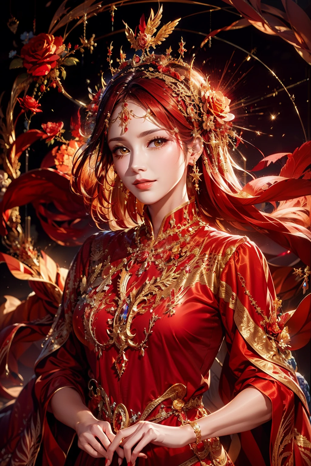 A woman in a red and gold dress，Phoenix crown，the lighting is subdued，rose flower background，Soft lighting crystal fantasy