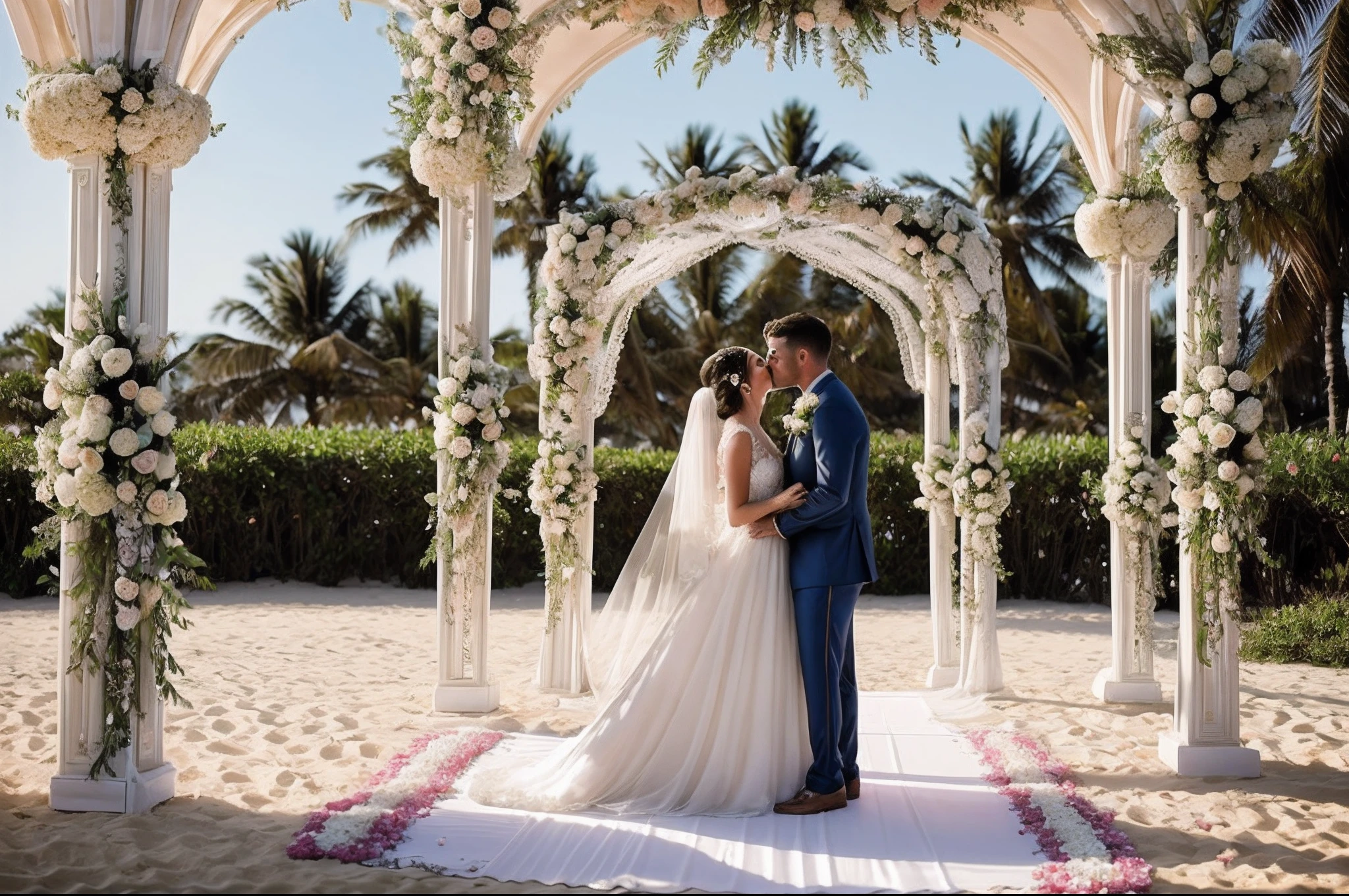 bride and groom kissing under a floral arch on the beach, ornate and intricate backdrop, bride and groom, ethereal and dreamy theme, stunning arcanum backdrop, dreamy and romantic, white sweeping arches, photo of a beautiful, romantic couple, lovely couple, romantic themed, full length shot, backdrop, fairy tale setting, dreamy and detailed, subtle detailing, photo still