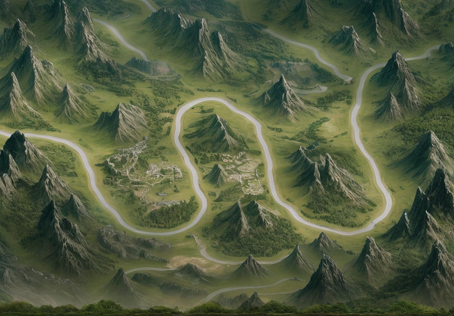 There is a background of river and mountain games,The picture is in matte painting style,Detailed mountains and valleys,The width is 672 pixels,an isometric fantasy map,The view from the valley to the fortress is depicted in detail,Detailed view of the steam workshop map。