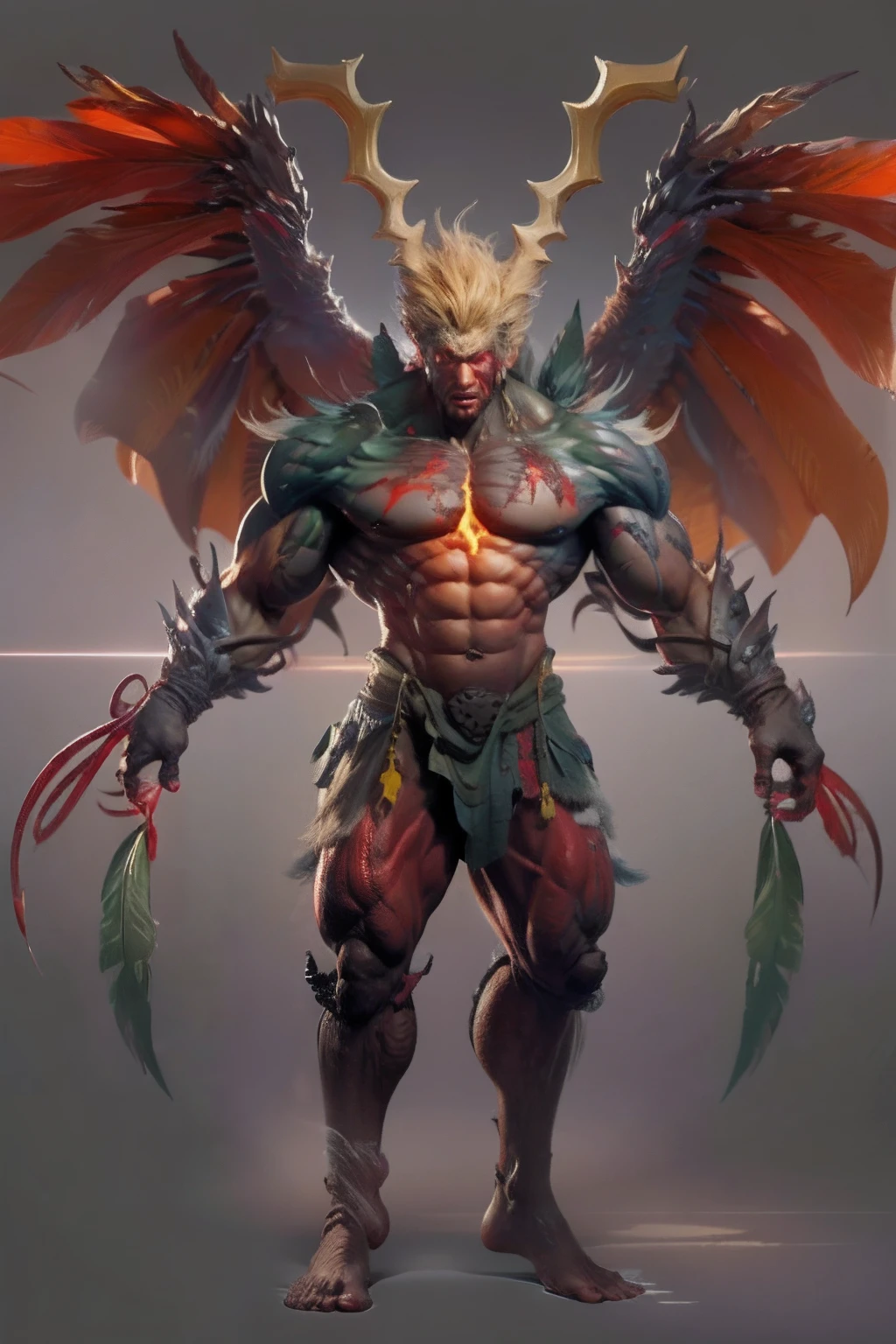 Game character standing drawing design，blood-red，Creatures of Paradise，Strong limbs，Muscle explosions，massive wings，feater，and the sun was shining brightly，Be positive，Huge broadsword，Fighting posture，（full bodyesbian：1.4），with black background，clean backdrop，depth of fields，high light，Real light，Ray traching，OC renderer，UE5 renderer，Hyper-realistic，best qualtiy，8K，Works of masters，super-fine，Detailed pubic hair，Correct anatomy，