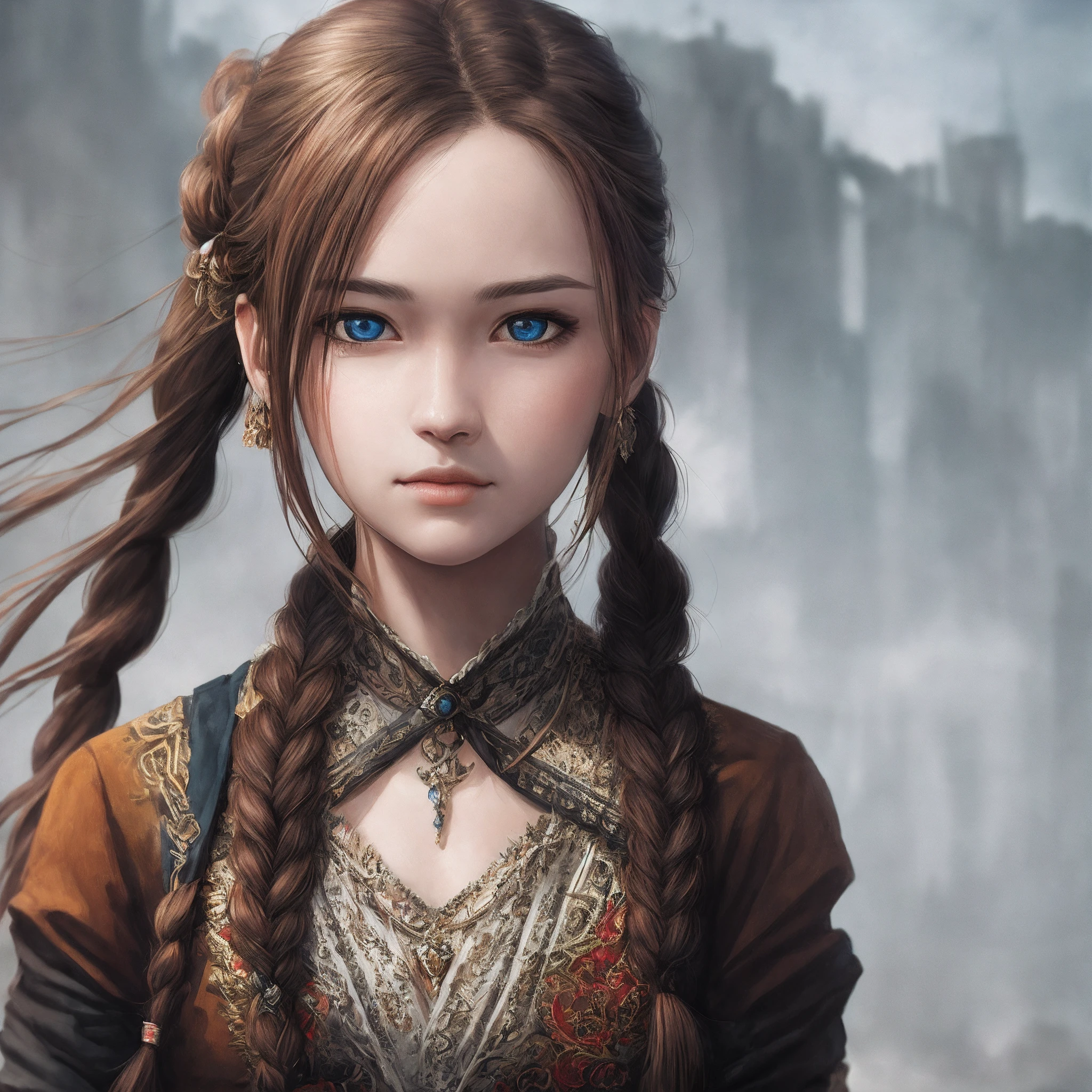 Masterpiece, Best quality,braidedponytail, Broken hair, Simple,Background, Detailed eyes, Intricate details, Tone-mapping, Sharp focus, ultra - detailed