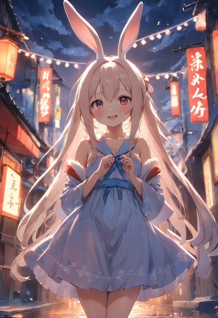 Bunny-eared maiden，adolable，Japanese style，Dress sweetly，Lop-eared rabbit ears，The smile is bright。