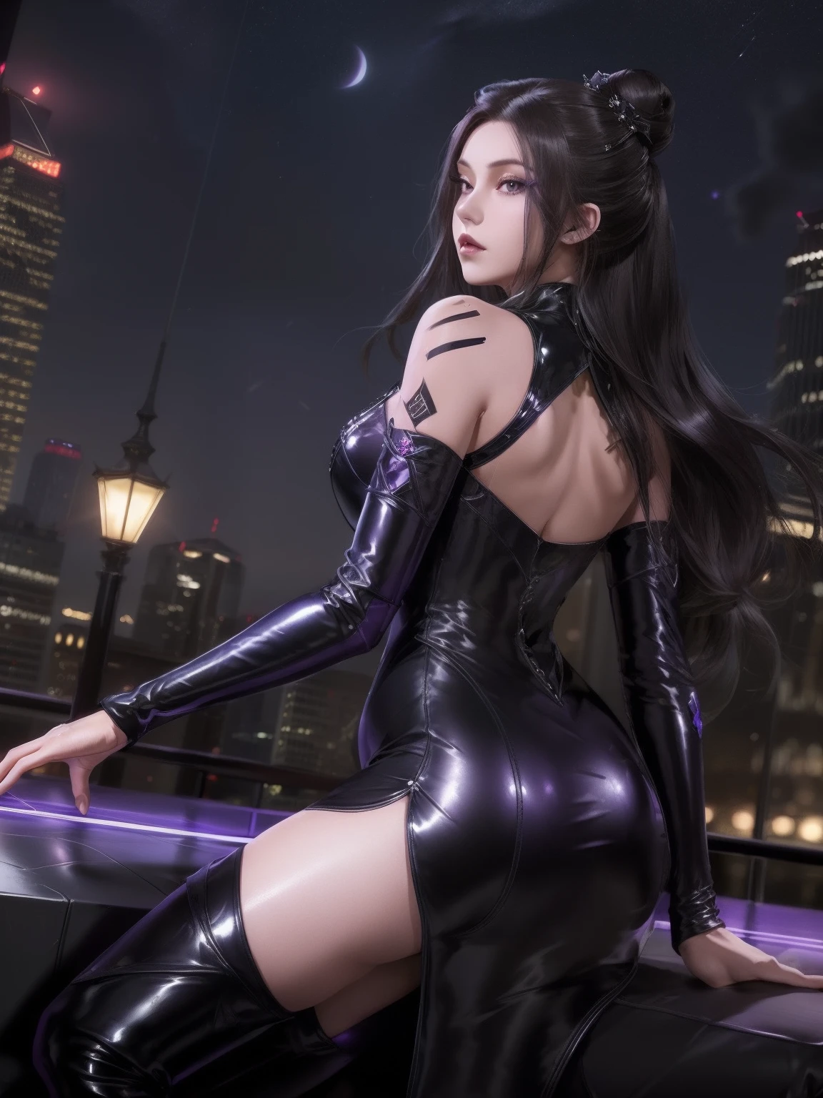 double bun,mature female,cityscape,night,looking at viewer,long hair,detached sleeves,black long sleeves,purple eyes,cowboy shot,thigh boots,latex,cutout,hair bun,cone hair bun, black dress,hair ornament, jewelry, gem,