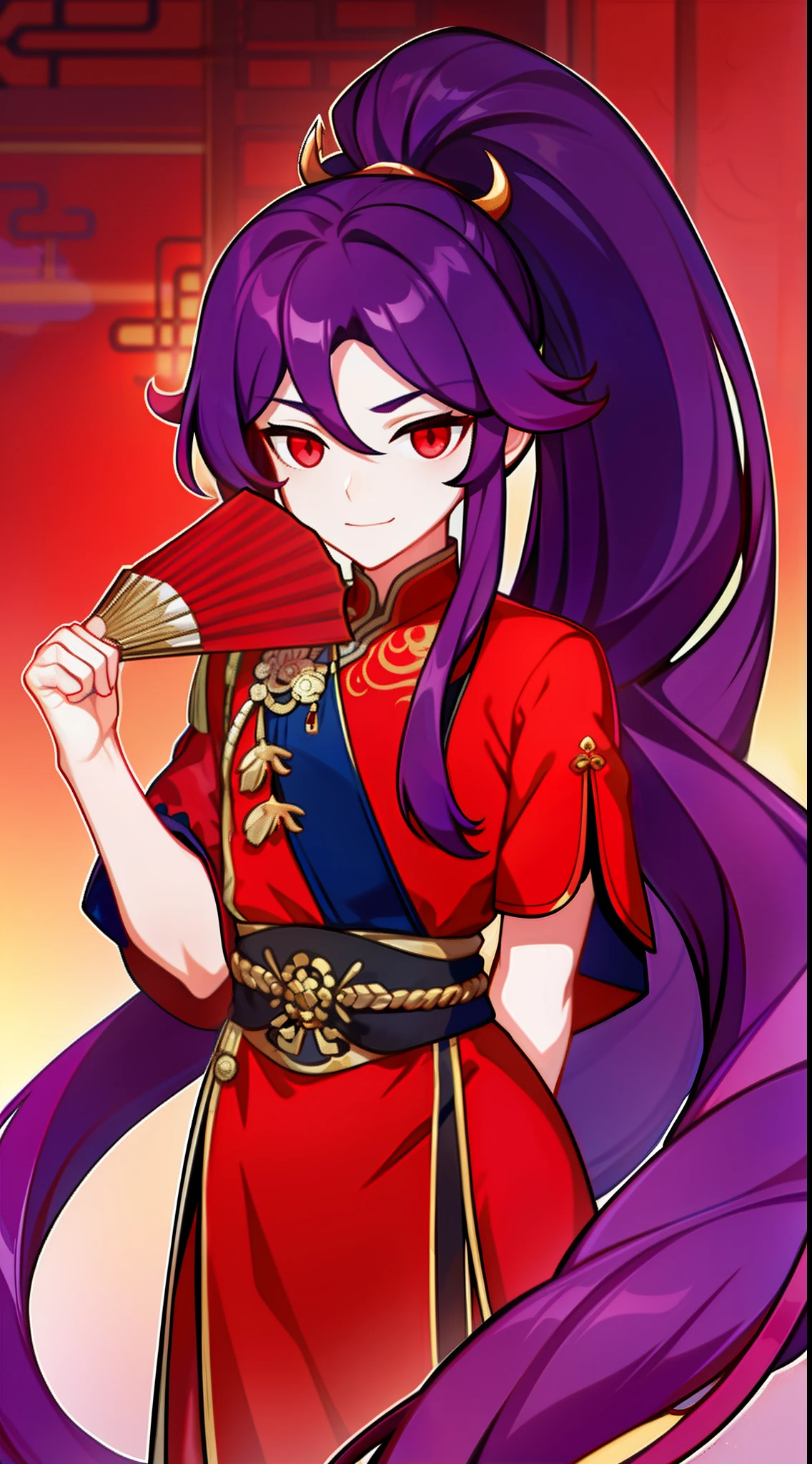 young boy, long purple hair, high ponytail, red-eyes, Chinese purple short-sleeved shirt, Via Hanifa, smirk, Feather Fan, Masterpiece, hiquality