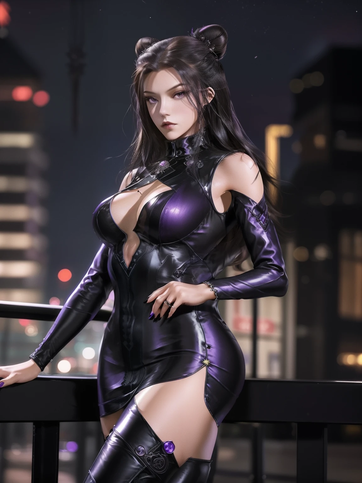 double bun,mature female,cityscape,night,looking at viewer,long hair,detached sleeves,black long sleeves,purple eyes,cowboy shot,thigh boots,latex,cutout,hair bun,cone hair bun, black dress,hair ornament, jewelry, gem,