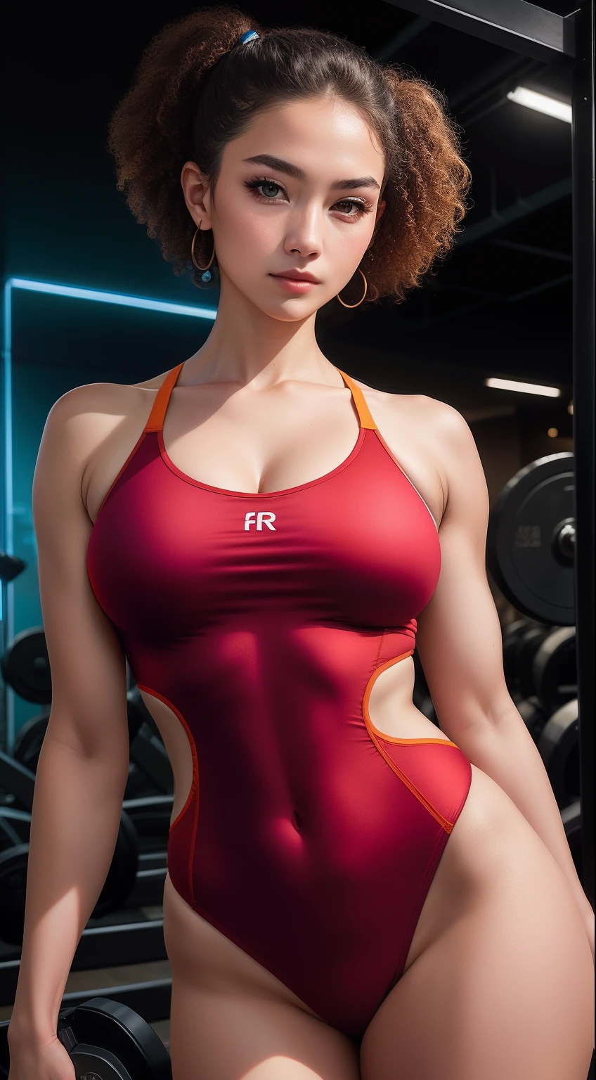 Body portrait photo of 20 year old beautiful woman、raw, Semi-open strawberry lip, Dimples, A wistful look、(Curly hair in brown braids、Bun1)、((A detailed face))、((detailed facial features))、(Fine skin)、pale-skinned, the cyberpunk megacity environment、Neon light、highrise buildings、((At the gym))、 Soft natural light, glowssary skin, (cool color)、moist, Reflectors, (masterpiece)(Perfect aspect ratio)、(photos realistic)、(top-quality)、(detaileds)photographed in a Canon EOS R5、50mm Lens、F / 2.8、nffsw、(At 8K)(wall-paper), (Dramatic Lighting), Pose for the camera、(Red Leotard)、behind arms、8K/nffsw、 Digital SLR, hightquality, film grains, ighly detailed, Photorealsitic, realisitic, Incredibly ridiculous, ighly detailed, (Professional Studio Lighting), (professional colorgraded), edgelighting, cinematlic lighting, lumen reflections, Soft natural lighting, soft colours, photon maping, (A detailed eye), (A detailed face), symmetrical eye, sharp eye, Cold Face, full body Esbian), (high level of detail),(Wetty、Oil lubrication)、(athletic bodies)、(perspired)、big breasts thin waist、large full breasts、High Detail Skin、Uncharacteristic textures、ultra-detailliert、realistic skin textures、s Armor、top-quality, high resolution、(Photorealsitic:1.4)hight resolution、detaileds、Raw foto、 Ultra Real TextureDramatic LightingArt Station Cinestar 800Unreal Engine Trend、(Body and Fitness)。