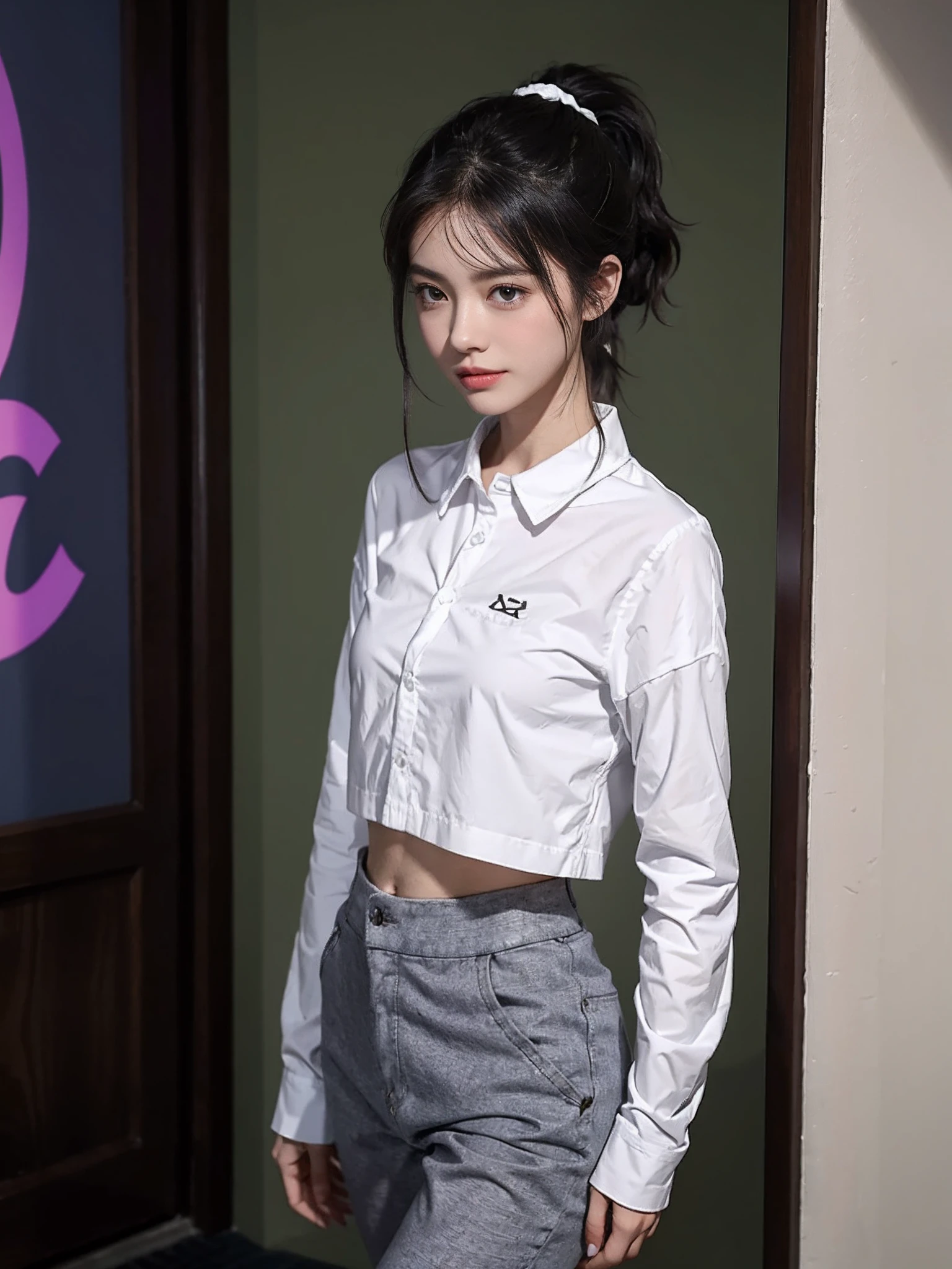 ((smallunderboob,Tomboyish,small heads)), (Well-defined abs: 1.1), (perfect bodies: 1.1), (short-length straighthair: 1.2), Black hair, upper body photos, attractive collarbone，nabel，（极其细致的CG 8k壁纸），（Extremely refined and beautiful），（tmasterpiece），（best qualtiy：1.0），（超高分辨率：1.0），beautiful light up，Perfect lightning，realistic shaded，[A high resolution]，Smooth and flawless fair skin，ultra - detailed ，Elongated legs，flatchest，Slim，emaciated，Short ponytail hair，White long sleeved stand up collar shirt，Purple-gray yoga pants，White sneakers，cheerfulness，ssmile，夏天，eventide，overcast day，a sea of people，at the doorstep of a school，are standing