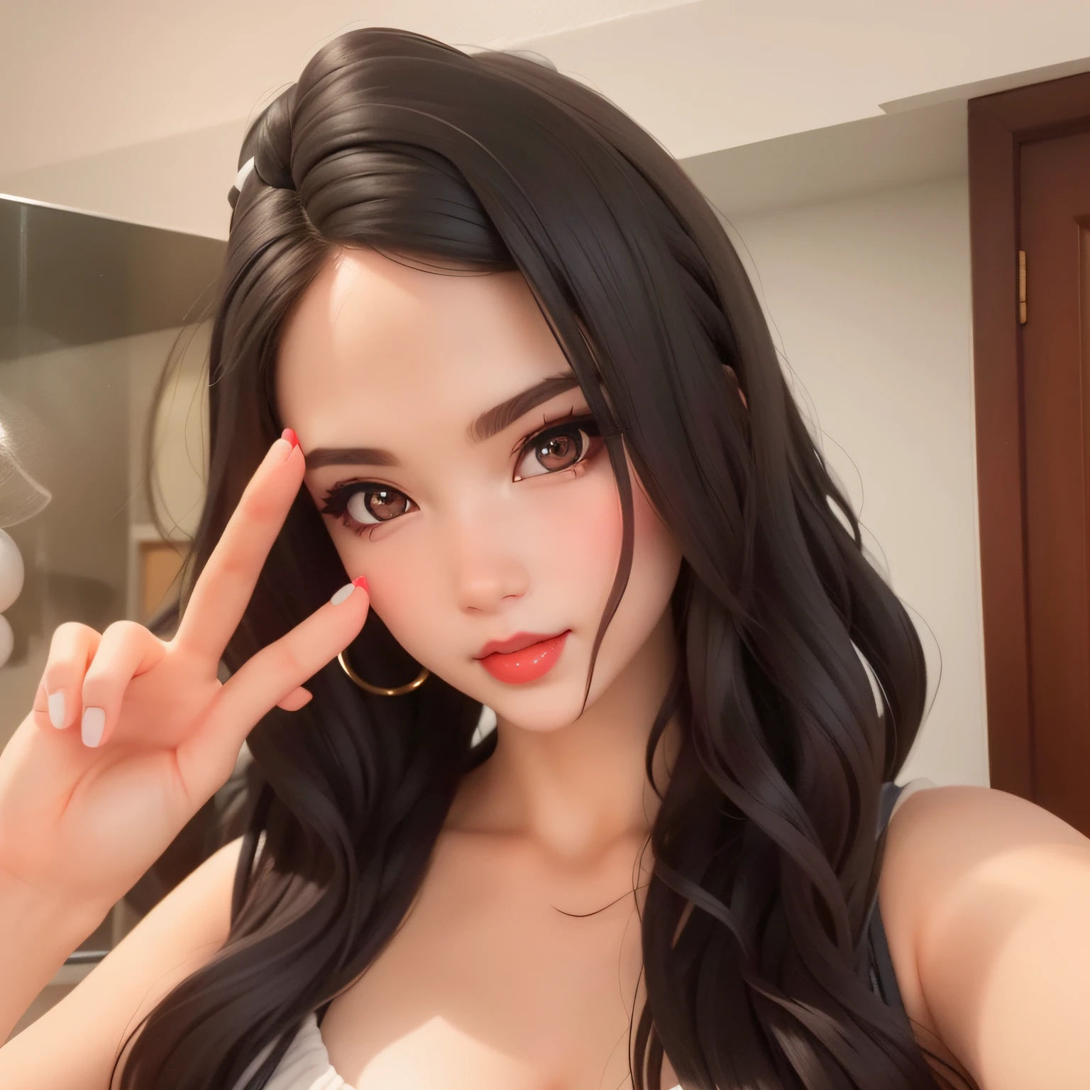 A cute and cute girl,head portrait，（Redlip：1.3），3D，Long black curly hair，largeeyes，