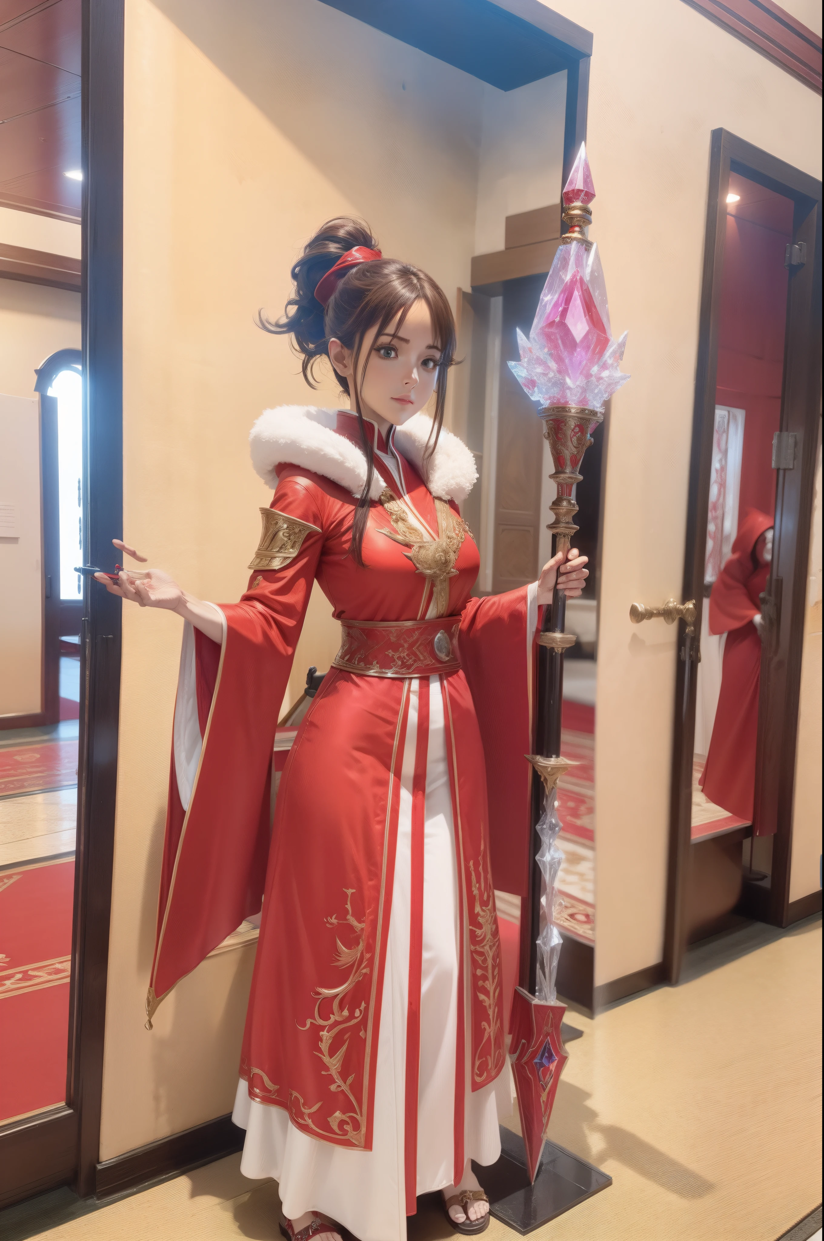 Female character in red mage robes, Multiple poses, Detailed front and back, Long crystal staff
