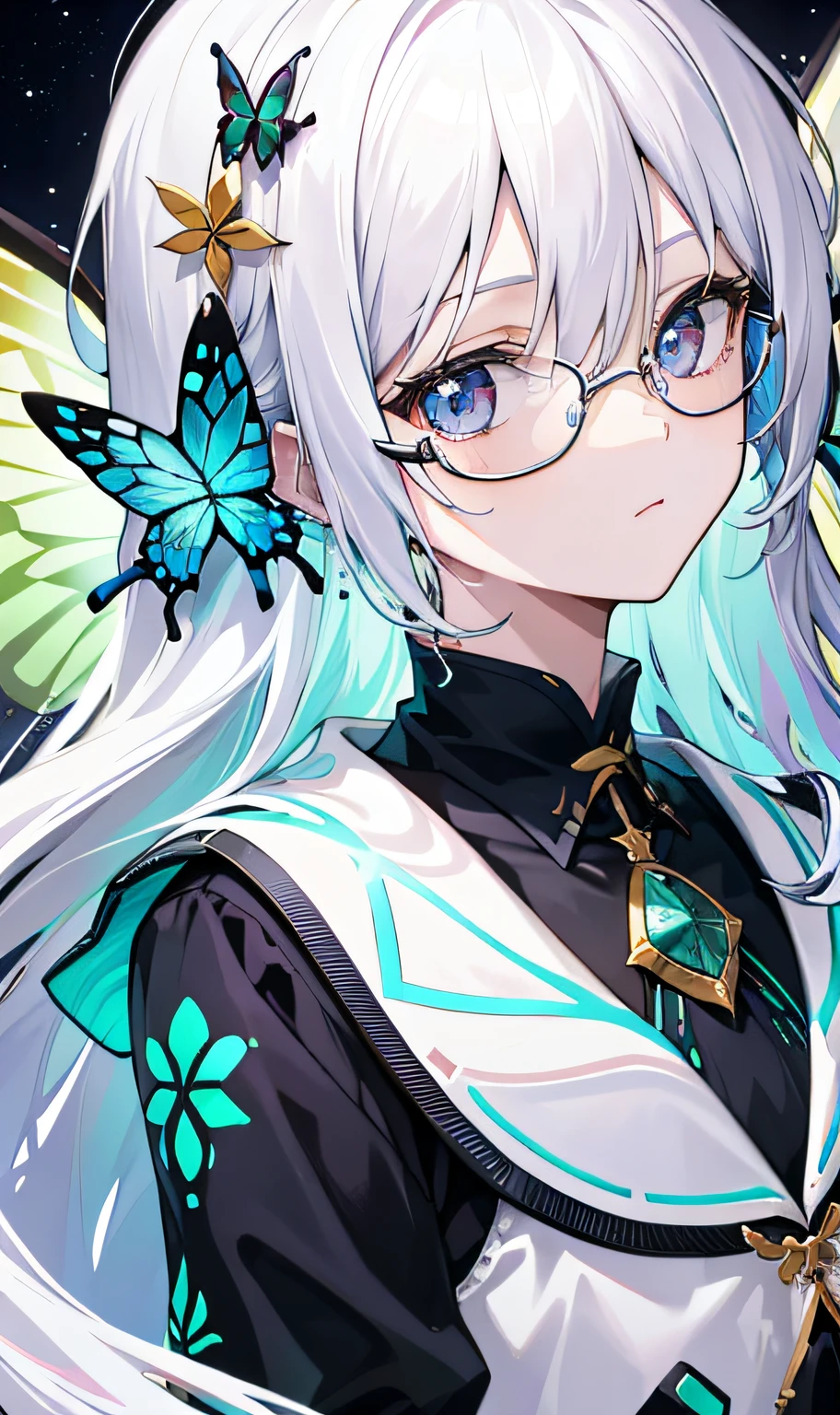 (Prompt)Many glowing colorful butterflies flew around the head of the white-haired girl wearing gold wire glasses。