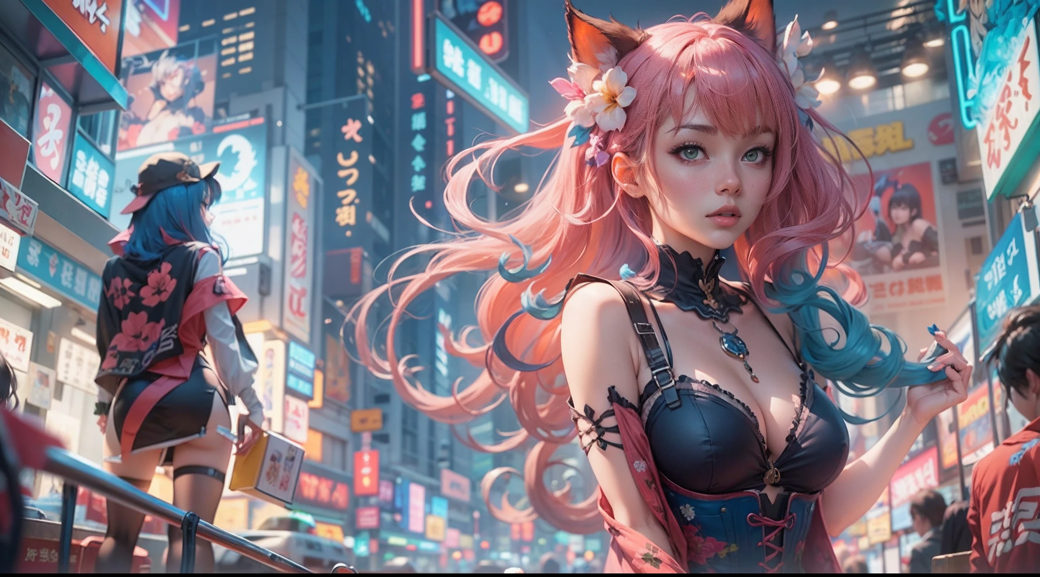 anime - style image of two women with pink and blue hair dressed in red and blue corset, posing in Akihabara for a foto shooting, Captured from worm's eye view, 4 meters distance to viewer, capture from behind, wlop and sakimichan, attractive cat girl, artwork in the style of guweiz, fantasy art style, 2. 5 d cgi anime fantasy artwork, fanart best artstation, by Yang J, trending on cgstation, wlop and ross tran, guweiz