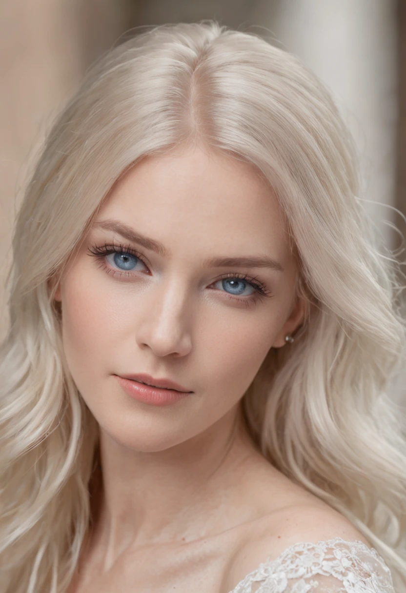 An American woman with a silver necklace,Beautuful Women,Close-up,Blonde hair and blue eyes,light yarn