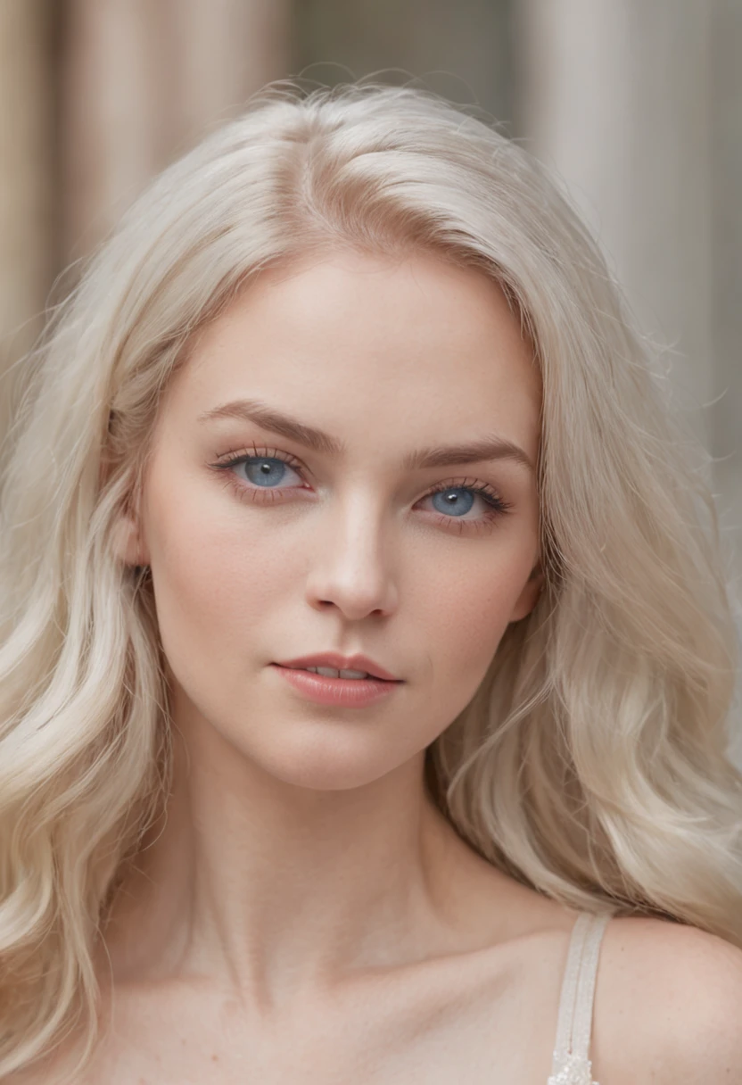 An American woman with a silver necklace，Beautuful Women，Close-up，Blonde hair and blue eyes，light yarn
