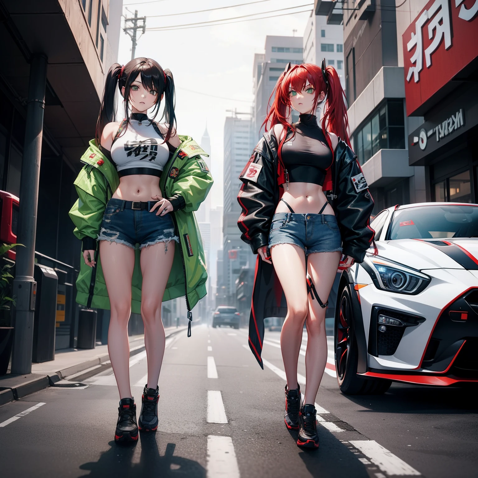 Full body shot, female asian Irina Shidou red hair twintails green eyes, in a cyberpunk city, wearing a bomber jacket and crop top and denim shorts, standing next to a Nissan GT-R, frontal shot, masterpiece, highly detailed
