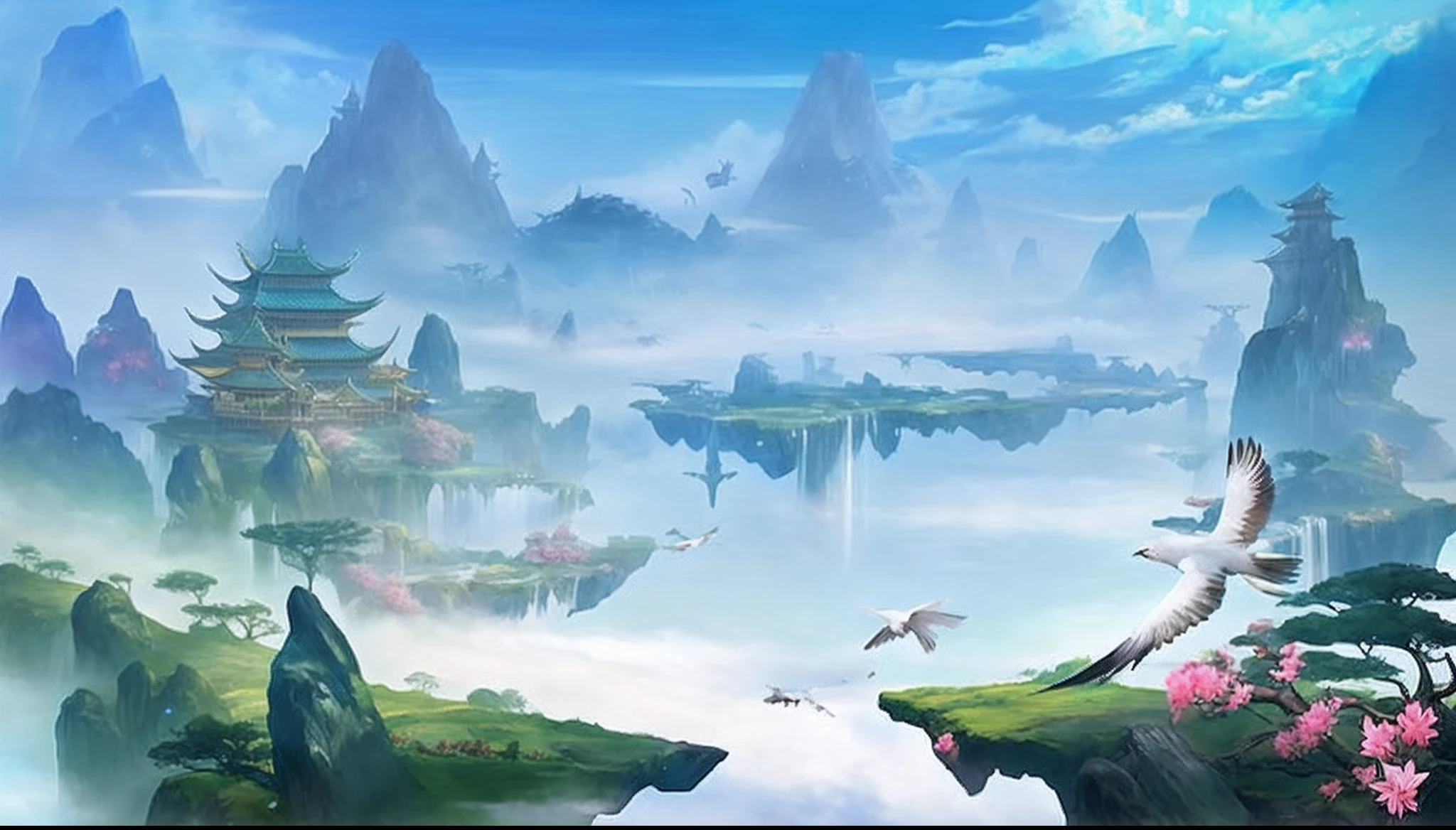Alafid view of the dream landscape,A waterfall and a bird flew over it, Onmyoji detailed art, floating lands in-clouds, ross tran. scenery background, avatar landscape, onmyoji, Chinese fantasy, anime landscape wallpapers, concept world art, author:Song Xu, arte de fundo, xianxia fantasy, concept-art. Epic landscapes further refined