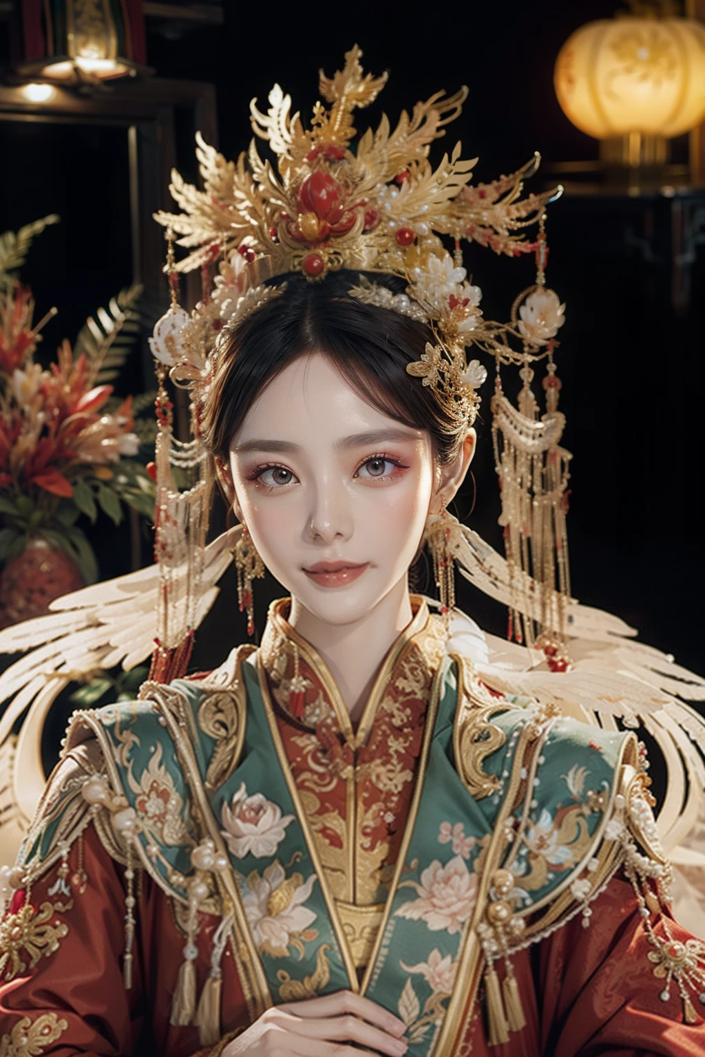 Palace，The princess got married，Hanfu bride，Golden Phoenix Crown，（Pearl cloud shoulder），Pearl tassels，Red and green hanfu，Solemn，A beautyful girl，Beautiful facial features，Smooth and delicate skin，skin detailed，largeeyes，Eyelash detailing，She has bright eyes，She wears a phoenix crown on her head，Wearing red and green Chinese clothing，k hd，higher details，movie picture quality