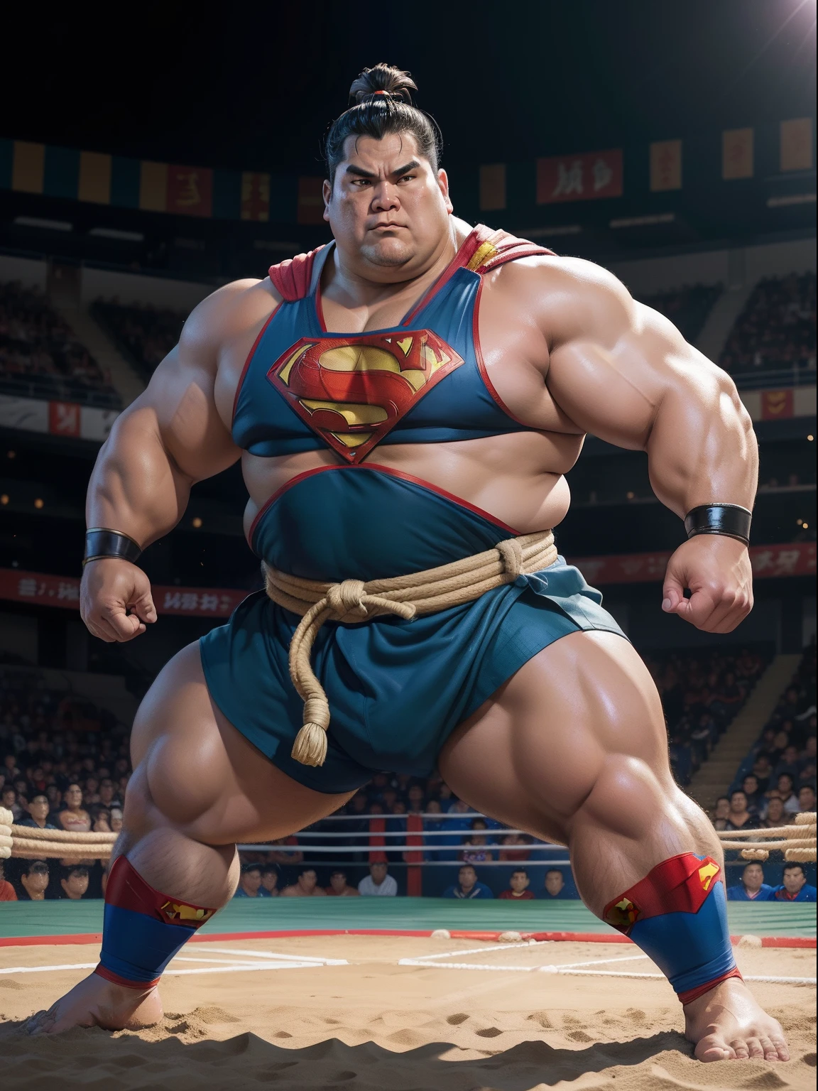 ((("Sumo superman Illustration with Arena Background")))
Subject: A powerful illustration depicting superman transformed into a sumo wrestler, set in a traditional sumo arena.
Type of Image: Digital illustration.
Art Styles: Fusion, Intense.
Art Inspirations: Superman iconic appearance and sumo wrestling aesthetics.
Character Design: superman reimagined as a sumo wrestler, donning a sumo mawashi (belt) while retaining his massive size and green complexion, blending superhero strength with sumo prowess.
Background: Authentic sumo arena featuring the dohyo (ring), audience seating, and symbolic decorations, capturing the essence of sumo wrestling tradition.
Camera: Full body.
Pose: Dominating sumo wrestler pose, showcasing Hulk's immense power and sumo wrestler stance.
Render Related Information: Merging Hulk's superhero persona with sumo wrestling elements in a traditional arena setting.

Camera Lens: 50mm.
View: Full body.
Lighting: Arena lighting casting dramatic shadows on Hulk's form and the dohyo's surface.
Resolution: 4K.