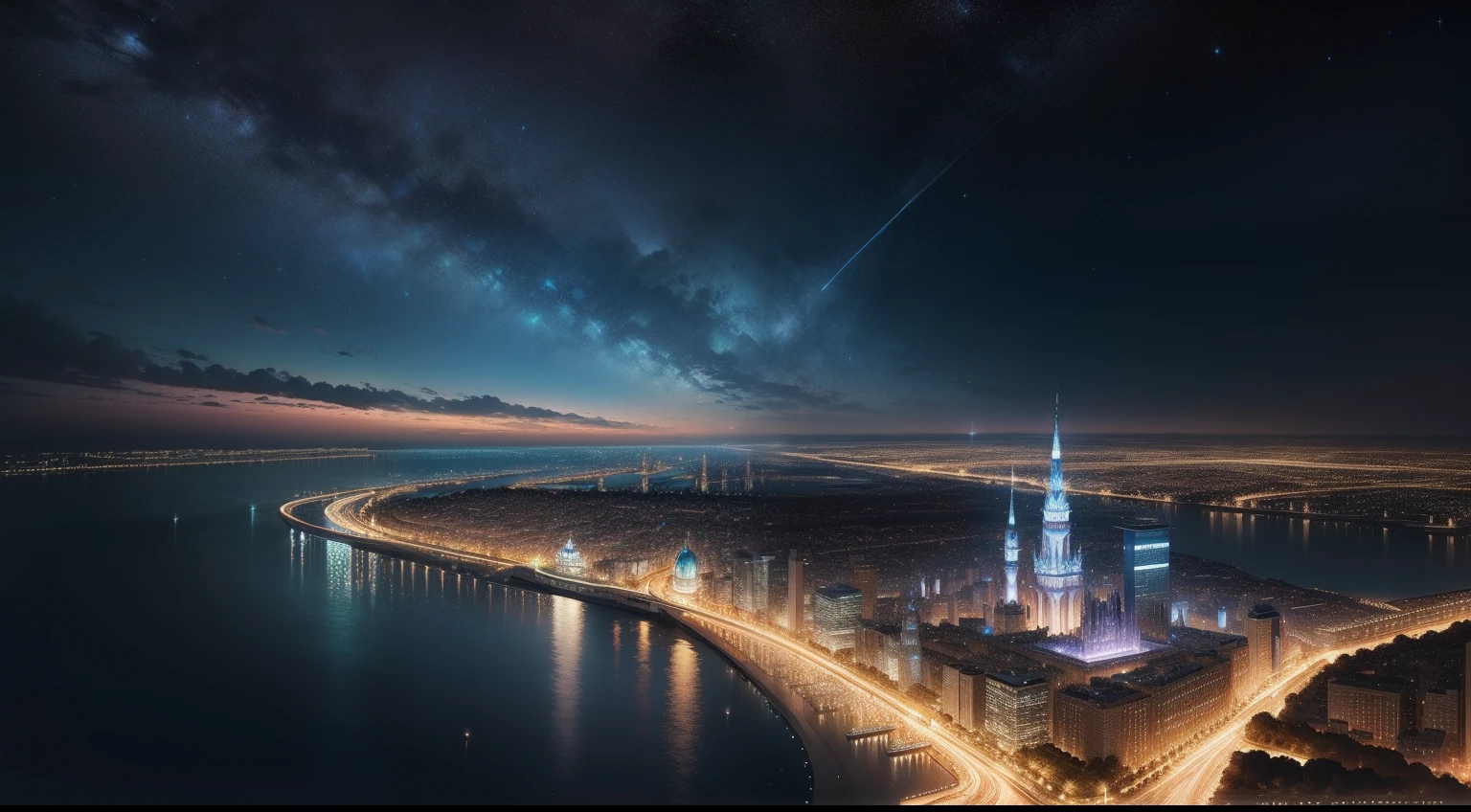 (tmasterpiece),Waterside city,The sky is clear,The background is the sea,Many buildings,Beautiful starry sky,D perspective,decor。