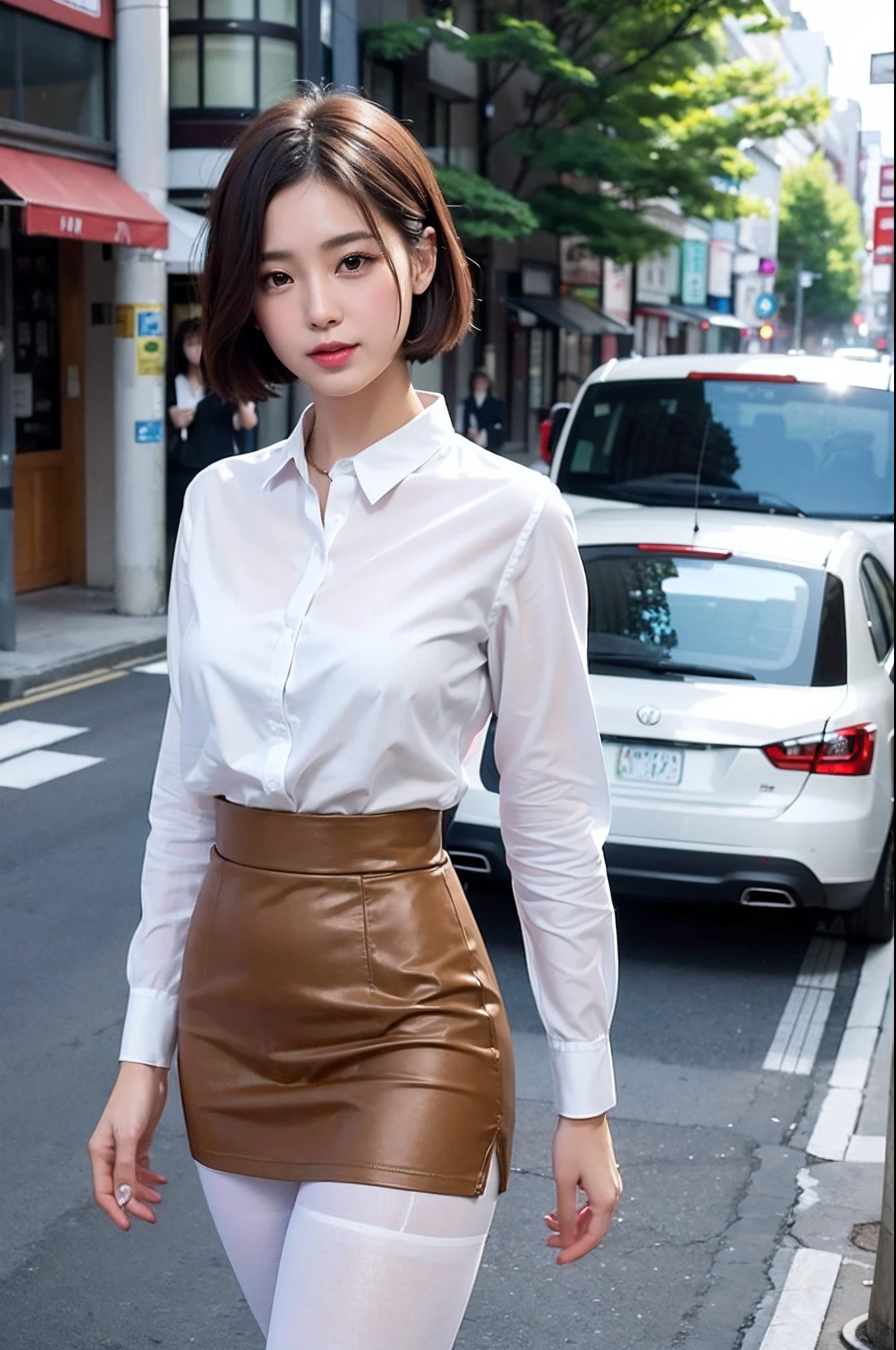 face is :9,280798461], Office lady in short skirt and white shirt walking down the street, (Wearing pantyhose), 165 cm tall, Japanese Models, Short Layer Hair、japanaese girl,Gorgeous young Japan woman, A smile、goddess of Japan, Elite women, Classy face、Realistic Pantyhose、Raw photo, (8K、top-quality、​masterpiece:1.2)、(intricate detailes:1.4)、(Photorealsitic:1.4)、octane renderings、Complex 3D rendering ultra detail, studio lights, Rim Lights, vibrant detail, super detailing, Realistic Pantyhose、realistic skin textures, Detail Face, Beautiful detail eyes, Very detailed CG Unity 16k wallpaper, make - up, (detailedbackground:1.2), shinny skin、turned around、Exposed thighs!!!