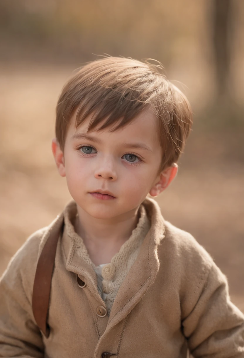 portrait photo of an，Real  boy，Gaze at the sandmen in the woods