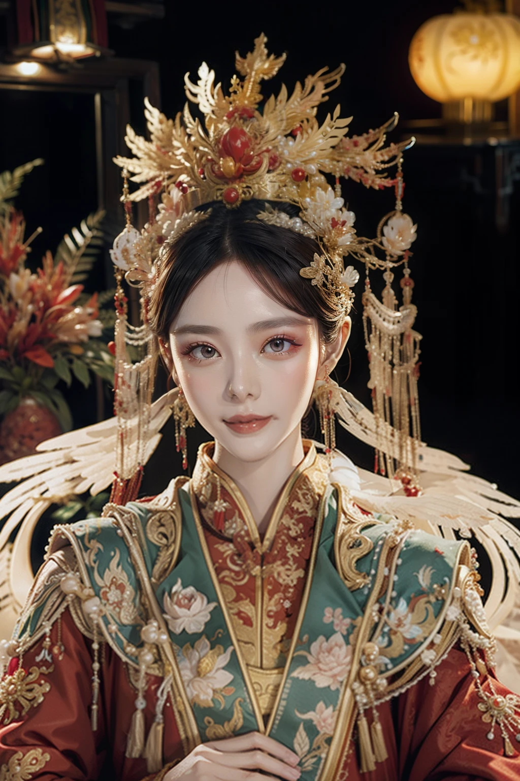 Palace,The princess got married,Hanfu bride,Golden Phoenix Crown,(Pearl cloud shoulder),Pearl tassels,Red and green hanfu,Solemn,A beautyful girl,Beautiful facial features,Smooth and delicate skin,skin detailed,largeeyes,Eyelash detailing,She has bright eyes,She wears a phoenix crown on her head,Wearing red and green Chinese clothing,k hd,higher details, picture quality