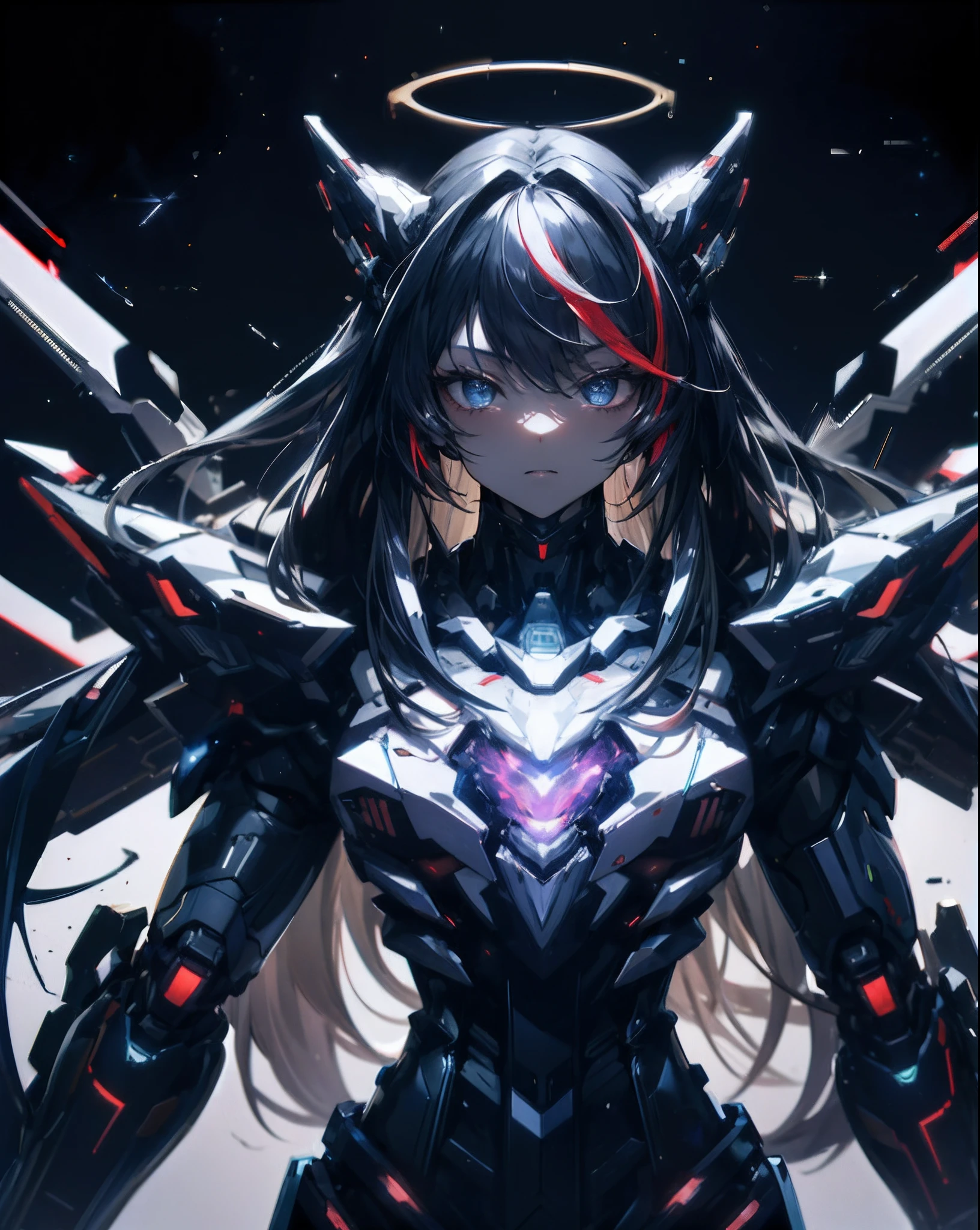 masterpiece、top-quality、ultra-detailliert、very detailed illustration、ighly detailed、intricate-detail、hight resolution、super complex details、Highly detailed 8k CG wallpapers、cowboy shot、Caustics、Reflectors、Ray traching、demontheme、(gray_theme:1.3)、(black_1.3)、(red_1.3)、(white_1.3)、nebulas、dark aura、Cyber Effects、(1girl in:1.4)、独奏、Alone、mecha musume、Mechanical parts、Mechanical Energy Wing、mechanical wings、Electromechanical parts、Cyber Parts、Robot Joint、Single mechanical arm、head gear、Mechanical halo、Star Hello、Complex mechanical bodysuit、mecha corset、Very long hair、white hair、hair between eye(Red in part)、O cabelo multicolorido、Color inner hair、verd s eyes、radiant eyes、Eye trajectory、Random expression、Random actions、starrysky、sky line、((masterpiece))、absurderes、nffsw、(Classic Headshot Pose)、cyberpunkcity、masterpiece、hight resolution、A detailed、(((Hello world)))