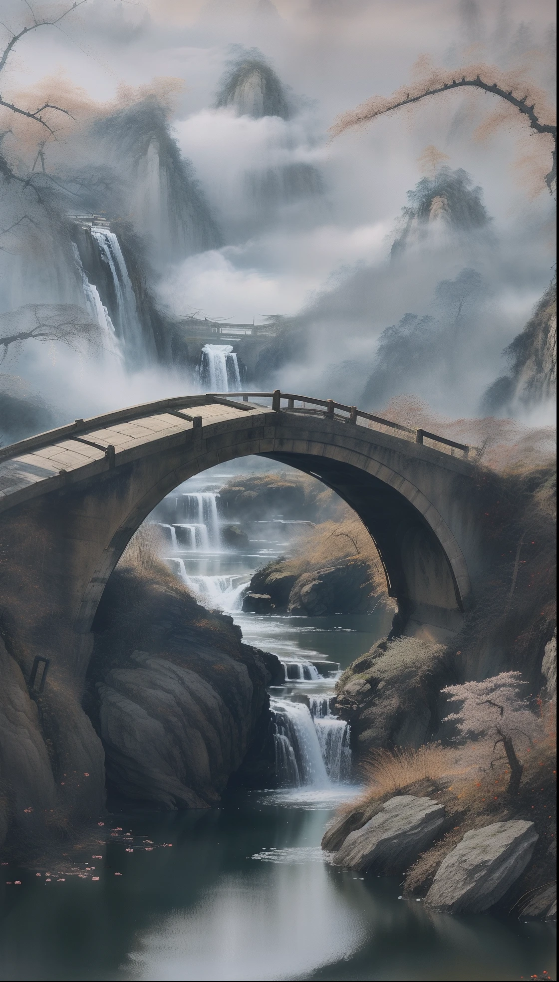 Ancient Chinese architecture, winter, plum blossoms, bamboo, lake, stone bridge, rockery, arch, corner, tree, tap water, landscape, waterfall, meadow, rock, water lily, hot springs, water vapor, (illustration: 1.0), epic composition, realistic lighting, high-definition detail, masterpiece, best quality, (very detailed CG unified 8k wallpaper)