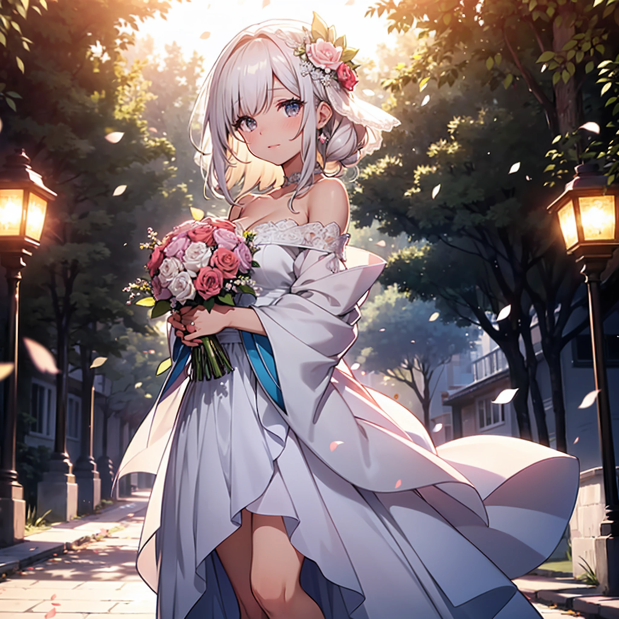 Crystal Chapel on Flowering Hill, A woman wearing a wedding dress(arranged from a simple and beautiful off shoulder kimono Top & skirt dress)1.3, holding a wedding bouquet is standing happily. The long hem of her skirt is fluttering in the wind. She has a beautiful face and shining eyes of bright colors. Petals dancing in the wind. The bright, glamorous, Wedding photo. Detailed drawing. Vivid colors. High image quality. (Best Quality), (masutepiece:1.3), (Bokeh lights, wind-effect,:1.3), full body shot,