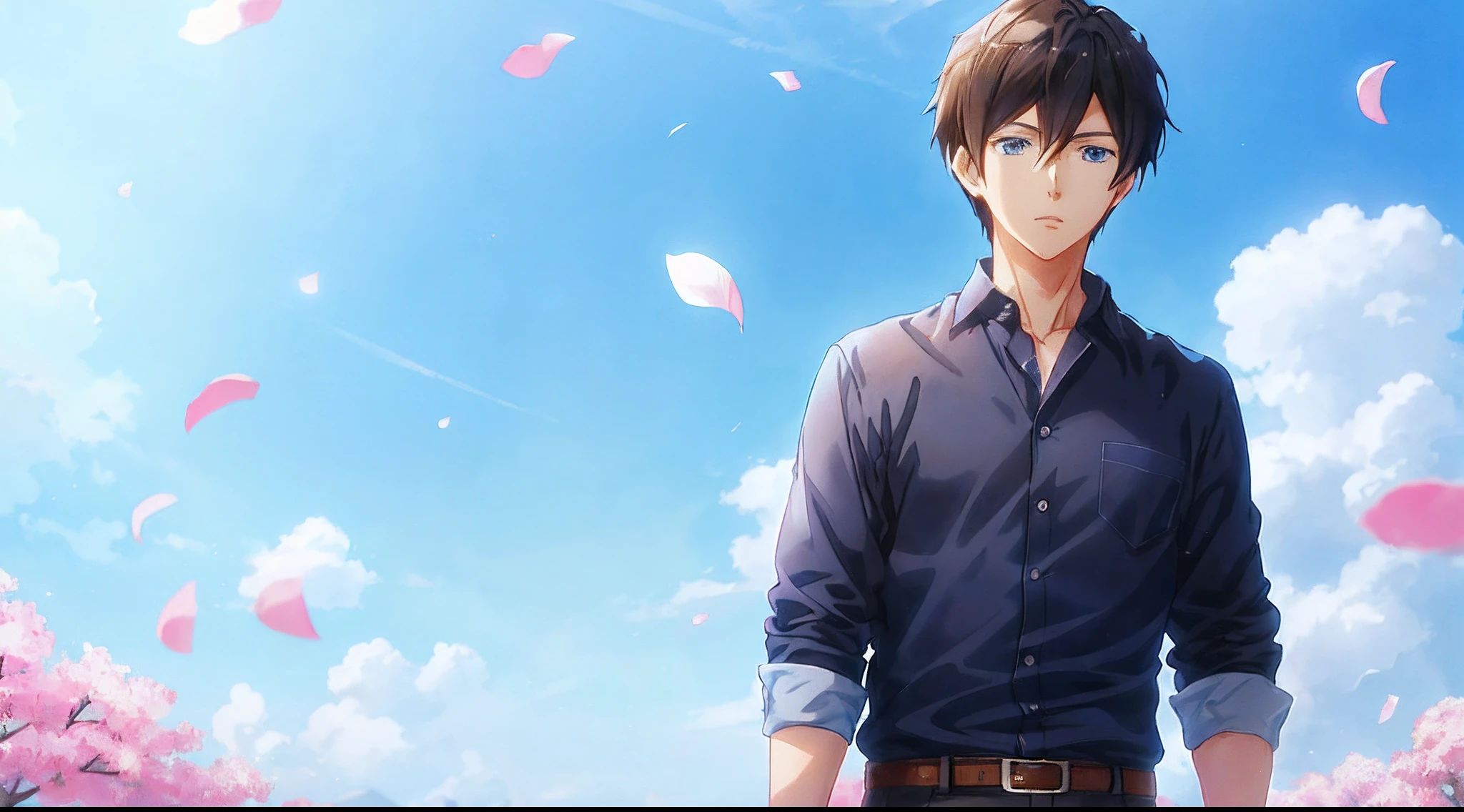 Anime people in blue shirts and black pants standing in front of the blue sky, Anime handsome man, Handsome anime pose, young anime man, makoto shinkai art style, Anime portrait of a handsome man, Makoto Shinkai. a digital rendering, Smooth anime CG art, Tall anime guy with blue eyes, Shinkai Makoto style, male anime character