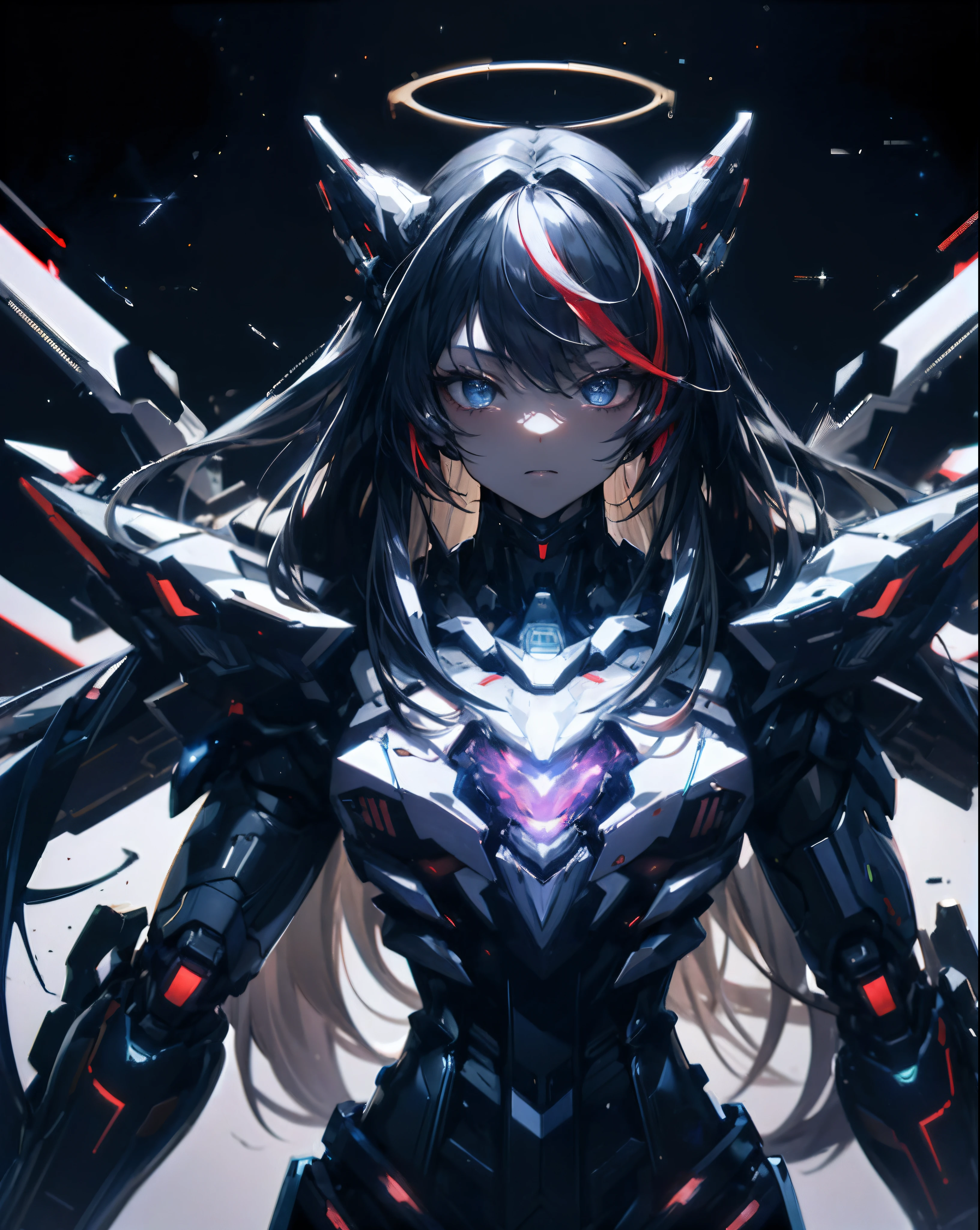 ​masterpiece、top-quality、ultra-detailliert、very detailed illustration、ighly detailed、intricate-detail、hight resolution、super complex details、Highly detailed 8k CG wallpapers、cowboy  shot、Caustics、Reflectors、Ray traching、demontheme、(gray_theme:1.3)、(black_1.3)、(red_1.3)、(white_1.3)、nebulas、dark aura、Cyber Effects、(1girl in:1.4)、独奏、Alone、mecha musume、Mechanical parts、Mechanical Energy Wing、mechanical wings、Electromechanical parts、Cyber Parts、Robot Joint、Single mechanical arm、head gear、Mechanical halo、Star Hello、Complex mechanical bodysuit、mecha corset、Very long hair、white  hair、hair between eye(Red in part)、O cabelo multicolorido、Color inner hair、verd s eyes、radiant eyes、Eye trajectory、Random expression、Random actions、starrysky、sky line、((​masterpiece))、absurderes、nffsw、(Classic Headshot Pose)、cyberpunkcity、​masterpiece、hight resolution、A detailed、(((Hello world)))