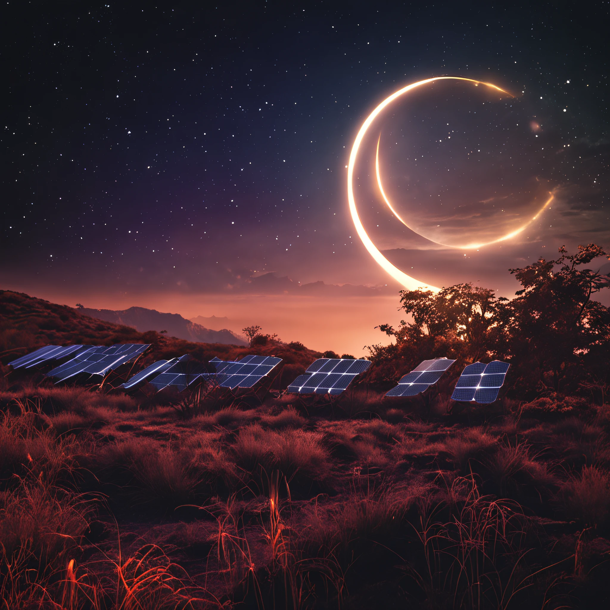 Eclipse solar com estilo de noite estrelada.