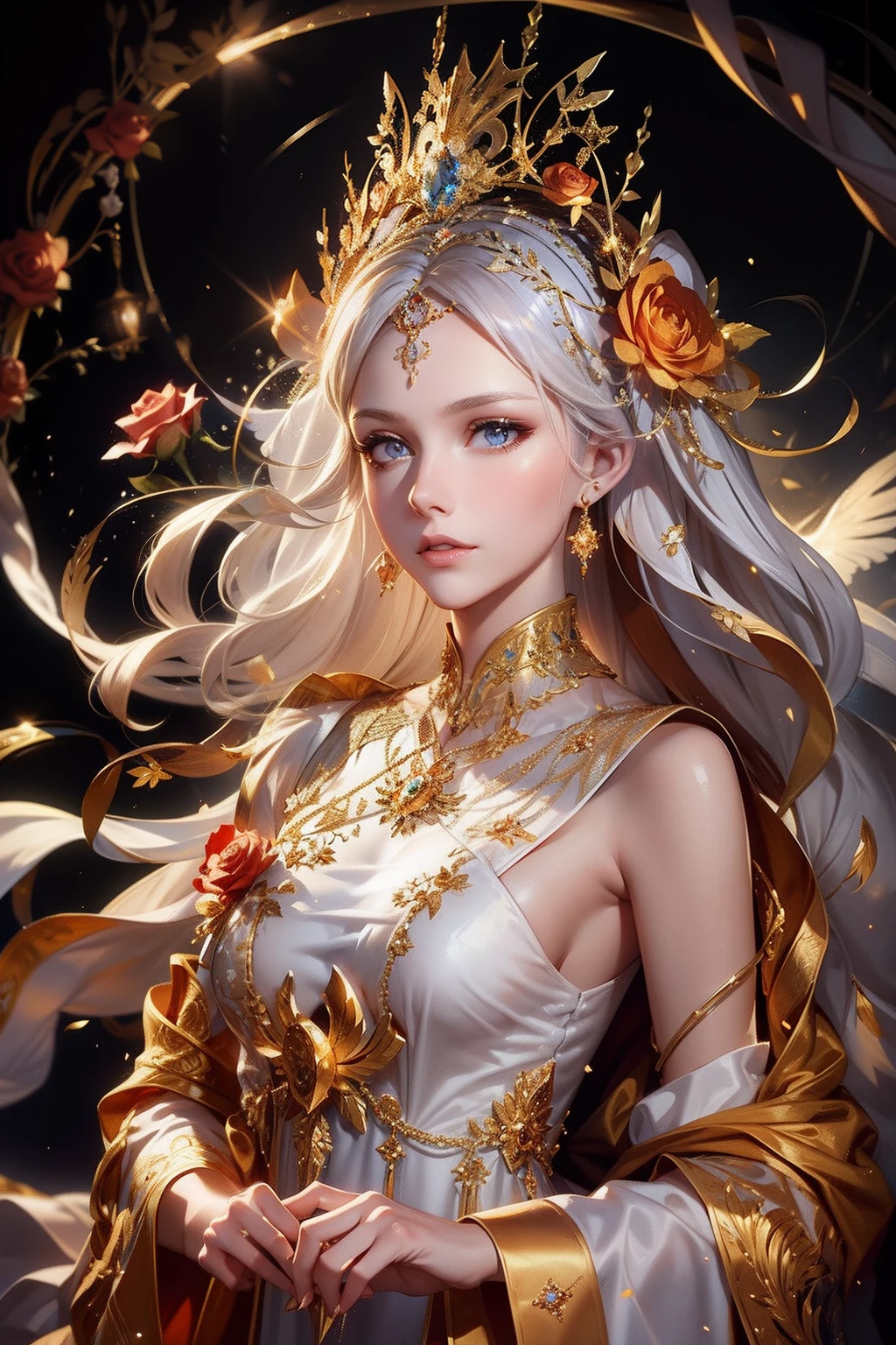 A woman in a white and gold dress，Phoenix crown，the lighting is subdued，rose flower background，Soft light crystal fantasy