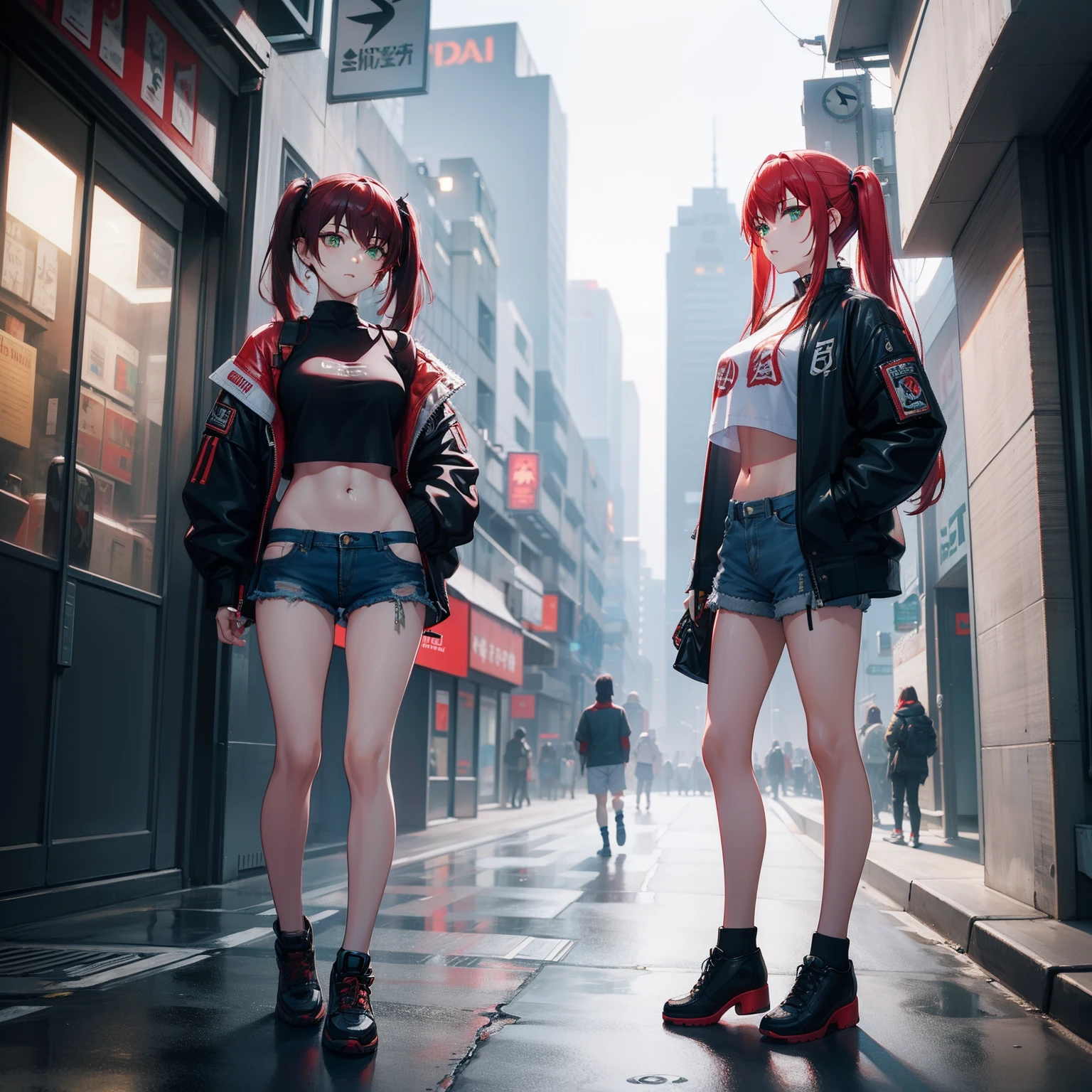 Full body shot, female asian Irina Shidou red hair twintails green eyes, in a cyberpunk city, wearing a bomber jacket and crop top and denim shorts, standing next to a Nissan GT-R, frontal shot, masterpiece, highly detailed