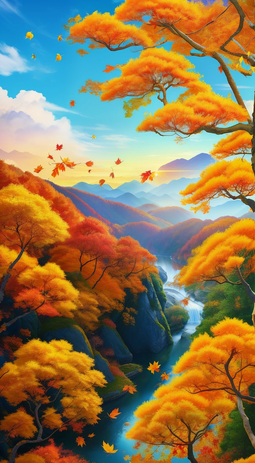 autumnal，Chinese solar terms poster，autumnal，Yellow leaves，fall leaves，mont，Foliage，Autumn landscape，Twenty solar terms，Traditional Chinese solar term term，autumnal，tmasterpiece、8K ，Faraway view，balmy autumn day，with blue sky and white clouds，Alpine streams