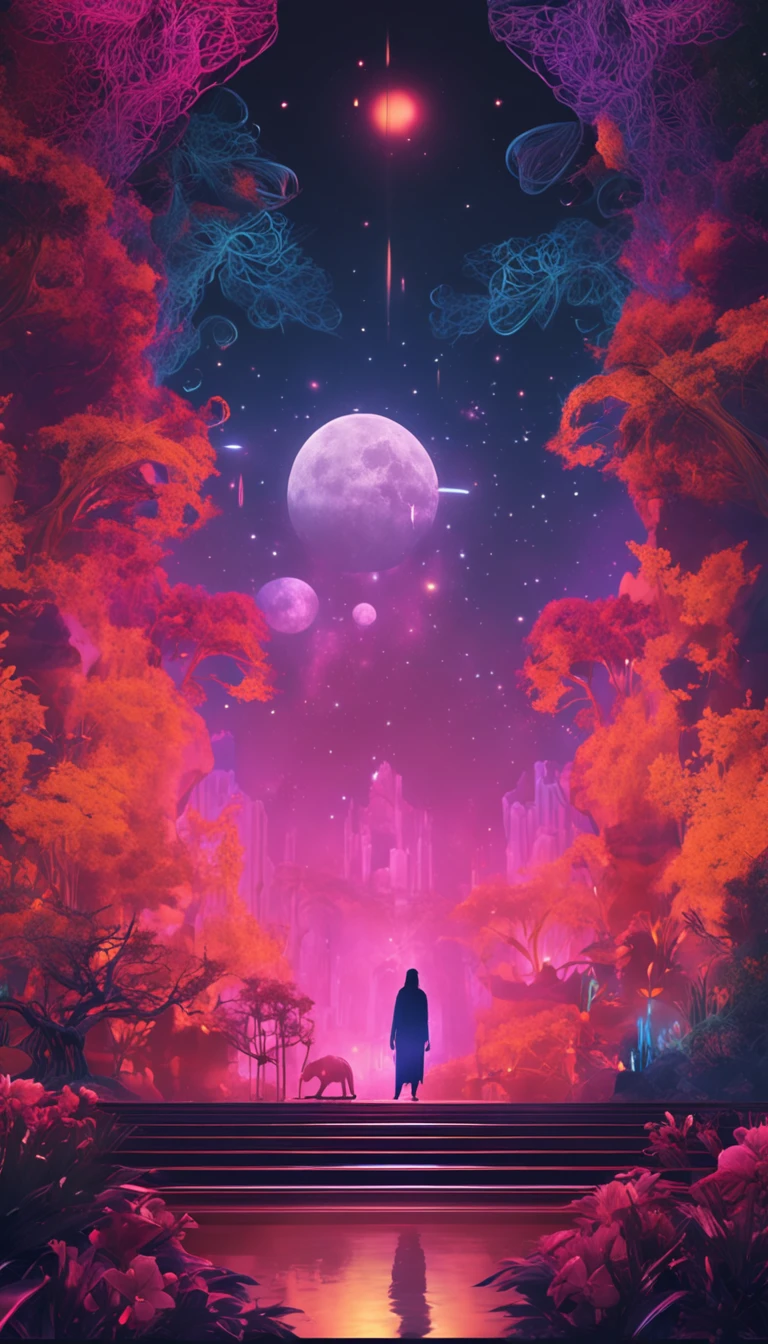 Design the metaverse poster，Requires the background to be a dark map，Contains lotus flowers，themoon，Ghosts and other elements